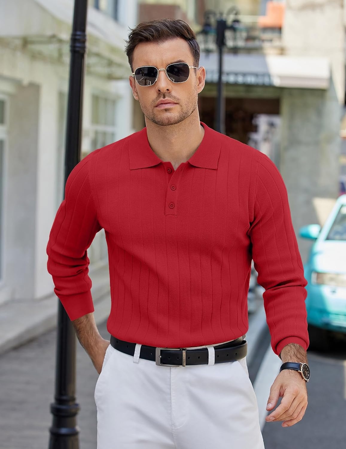 image:imageCOOFANDY Mens Knit Polo Shirts Long Sleeve Casual Dress Pullover Sweater 3 Button Polo Sweater Old Money Lightweight Cozy Daily and Social Outings Slim Fit S4XLRed