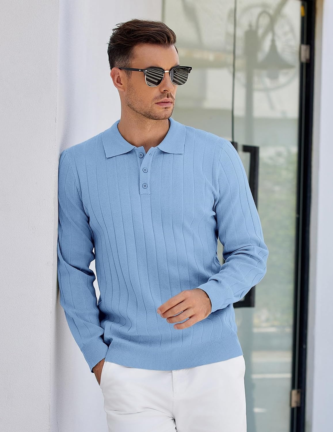 image:imageCOOFANDY Mens Knit Polo Shirts Long Sleeve Casual Dress Pullover Sweater 3 Button Polo Sweater Old Money Lightweight Cozy Daily and Social Outings Slim Fit S4XLLight Blue