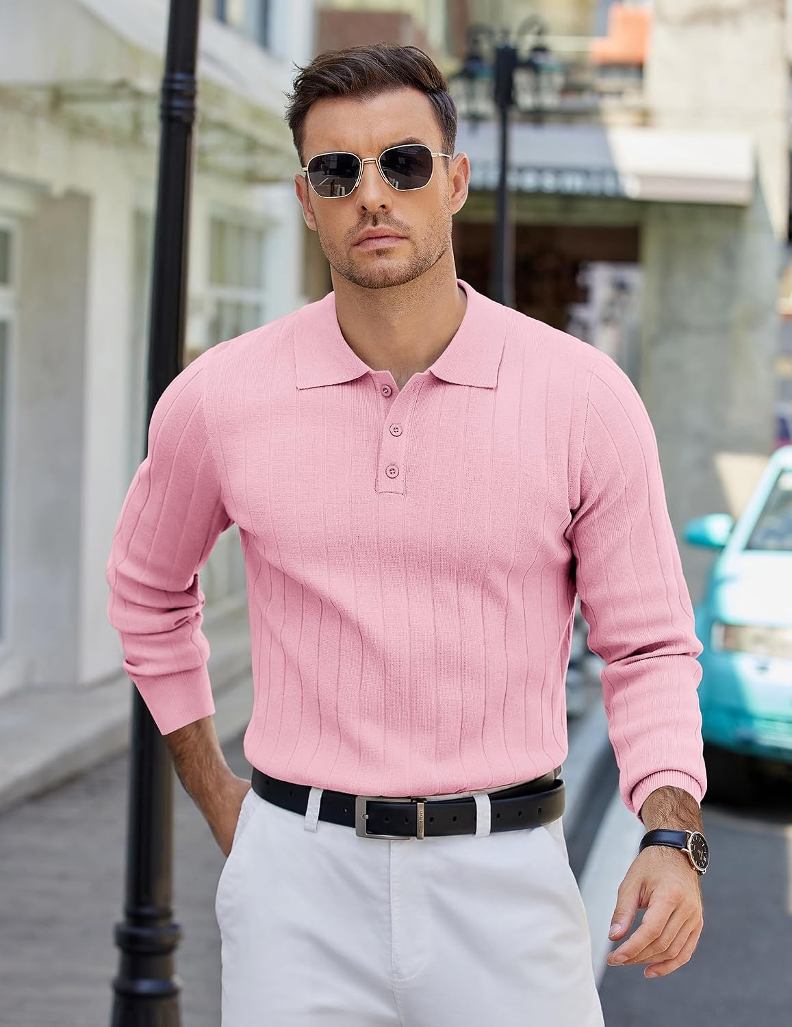 image:imageCOOFANDY Mens Knit Polo Shirts Long Sleeve Casual Dress Pullover Sweater 3 Button Polo Sweater Old Money Lightweight Cozy Daily and Social Outings Slim Fit S4XLPink