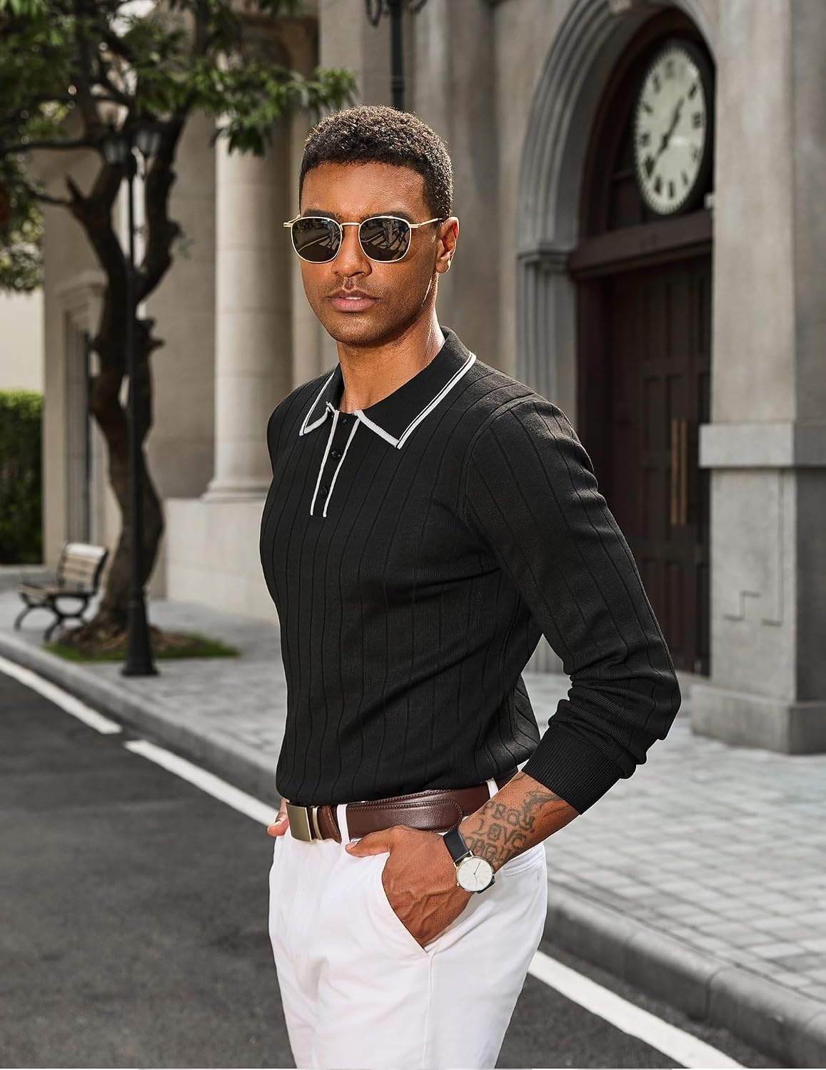 image:imageCOOFANDY Mens Knit Polo Shirts Long Sleeve Casual Dress Pullover Sweater 3 Button Polo Sweater Old Money Lightweight Cozy Daily and Social Outings Slim Fit S4XLBlack White