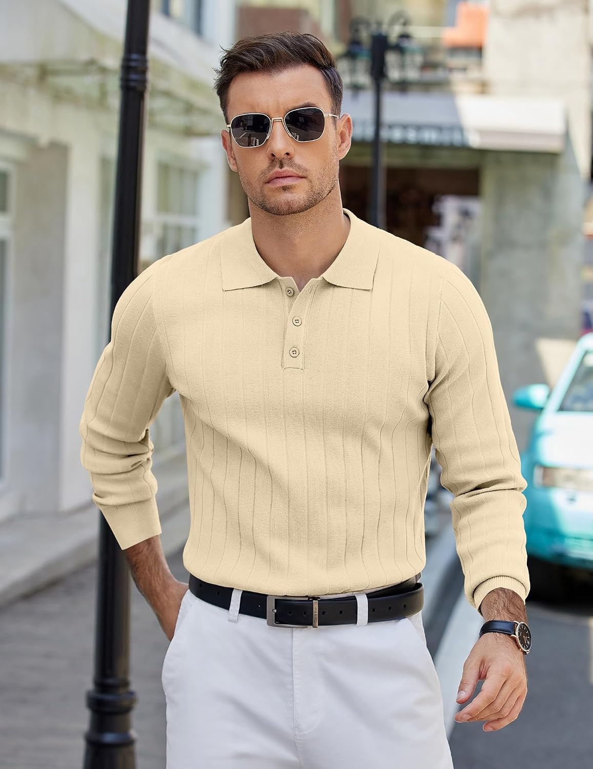 image:imageCOOFANDY Mens Knit Polo Shirts Long Sleeve Casual Dress Pullover Sweater 3 Button Polo Sweater Old Money Lightweight Cozy Daily and Social Outings Slim Fit S4XLChampagne
