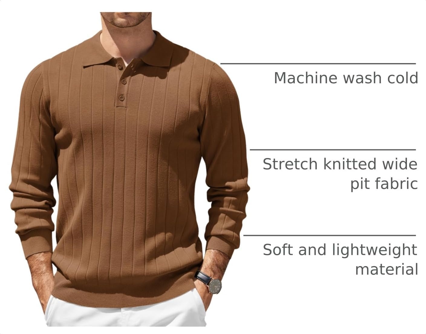 image:imageCOOFANDY Mens Knit Polo Shirts Long Sleeve Casual Dress Pullover Sweater 3 Button Polo Sweater Old Money Lightweight Cozy Daily and Social Outings Slim Fit S4XLBrown