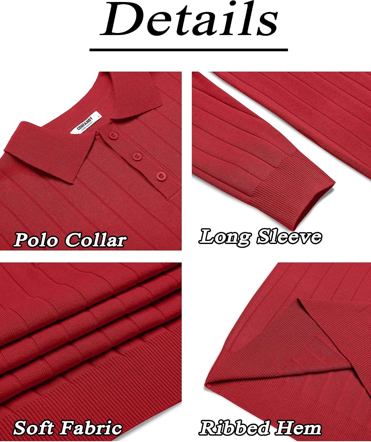 image:imageCOOFANDY Mens Knit Polo Shirts Long Sleeve Casual Dress Pullover Sweater 3 Button Polo Sweater Old Money Lightweight Cozy Daily and Social Outings Slim Fit S4XLRed