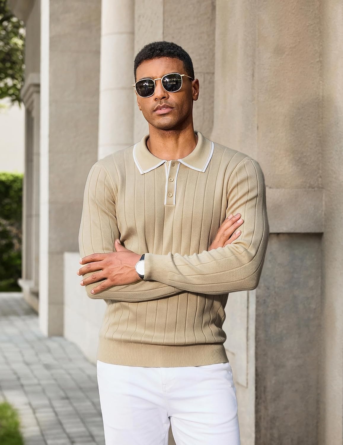 image:imageCOOFANDY Mens Knit Polo Shirts Long Sleeve Casual Dress Pullover Sweater 3 Button Polo Sweater Old Money Lightweight Cozy Daily and Social Outings Slim Fit S4XLKhaki White