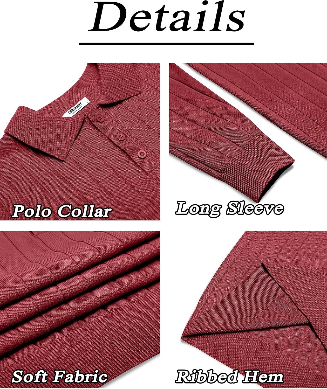 image:imageCOOFANDY Mens Knit Polo Shirts Long Sleeve Casual Dress Pullover Sweater 3 Button Polo Sweater Old Money Lightweight Cozy Daily and Social Outings Slim Fit S4XLWine Red