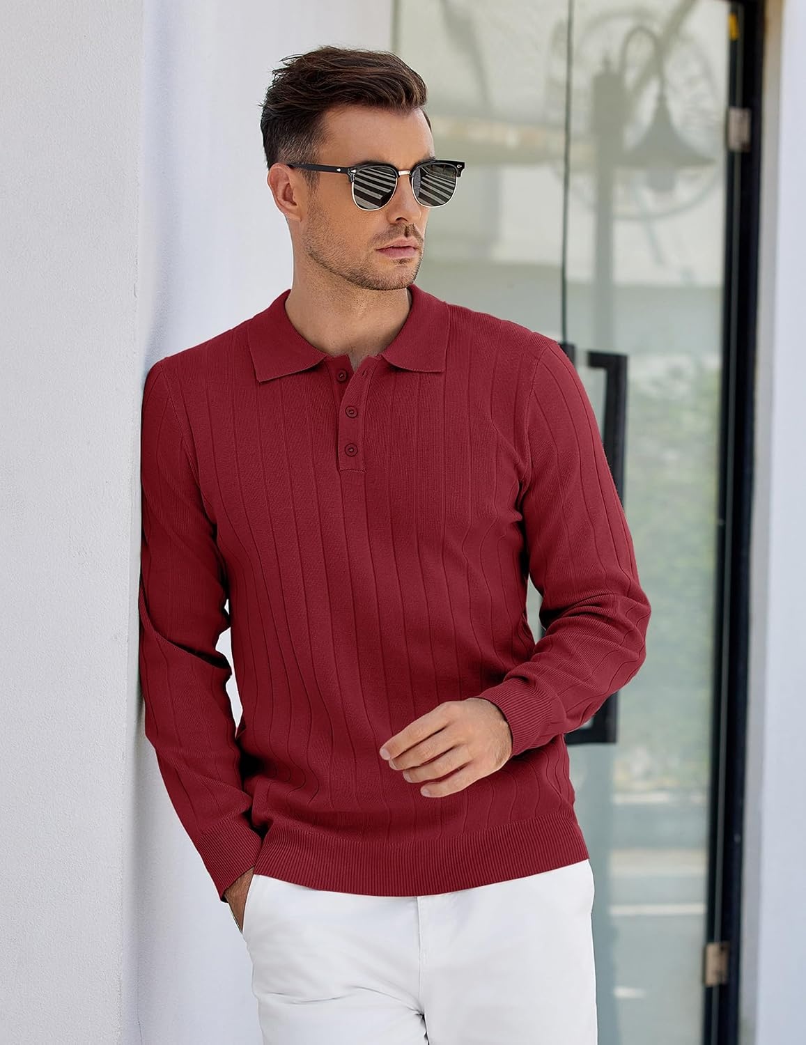 image:imageCOOFANDY Mens Knit Polo Shirts Long Sleeve Casual Dress Pullover Sweater 3 Button Polo Sweater Old Money Lightweight Cozy Daily and Social Outings Slim Fit S4XLWine Red