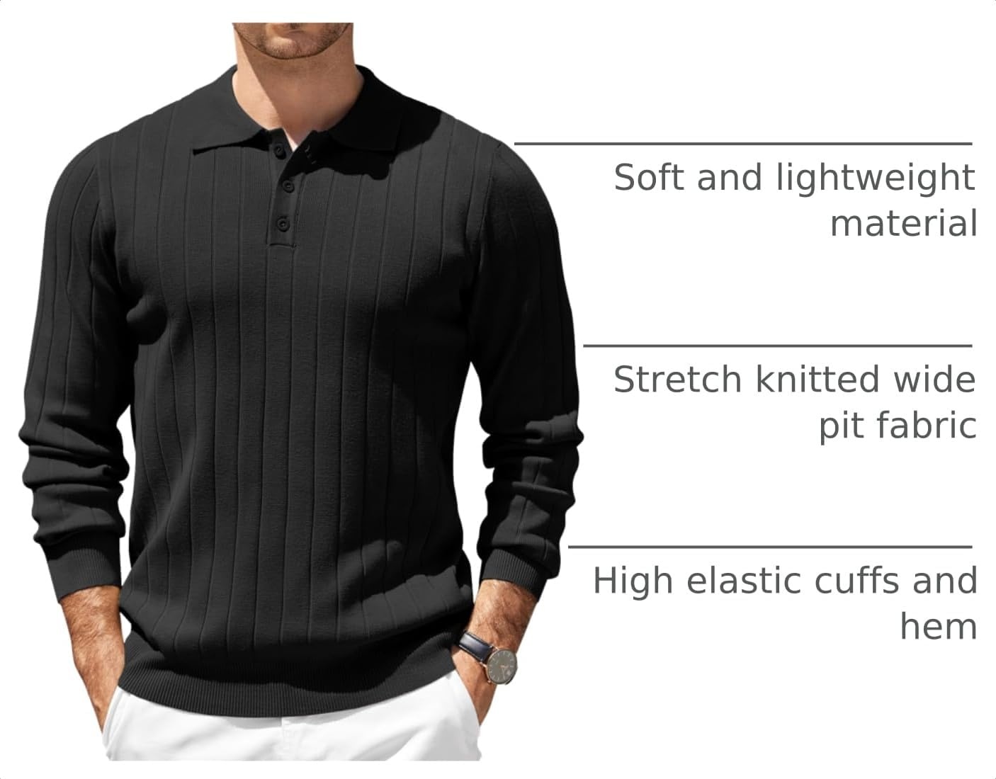 image:imageCOOFANDY Mens Knit Polo Shirts Long Sleeve Casual Dress Pullover Sweater 3 Button Polo Sweater Old Money Lightweight Cozy Daily and Social Outings Slim Fit S4XLBlack