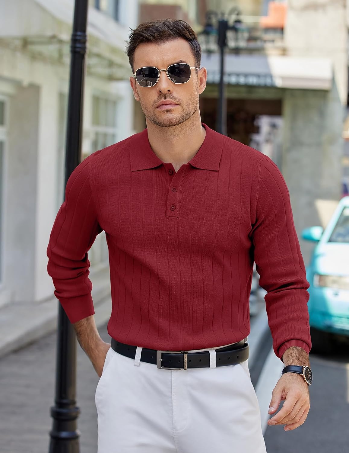 image:imageCOOFANDY Mens Knit Polo Shirts Long Sleeve Casual Dress Pullover Sweater 3 Button Polo Sweater Old Money Lightweight Cozy Daily and Social Outings Slim Fit S4XLWine Red