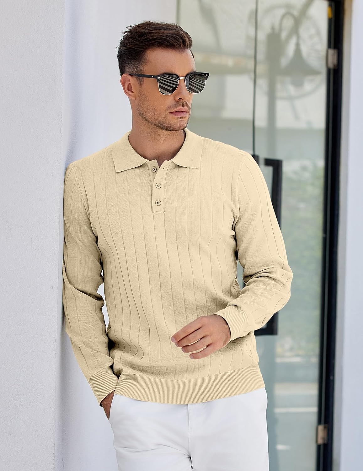image:imageCOOFANDY Mens Knit Polo Shirts Long Sleeve Casual Dress Pullover Sweater 3 Button Polo Sweater Old Money Lightweight Cozy Daily and Social Outings Slim Fit S4XLChampagne