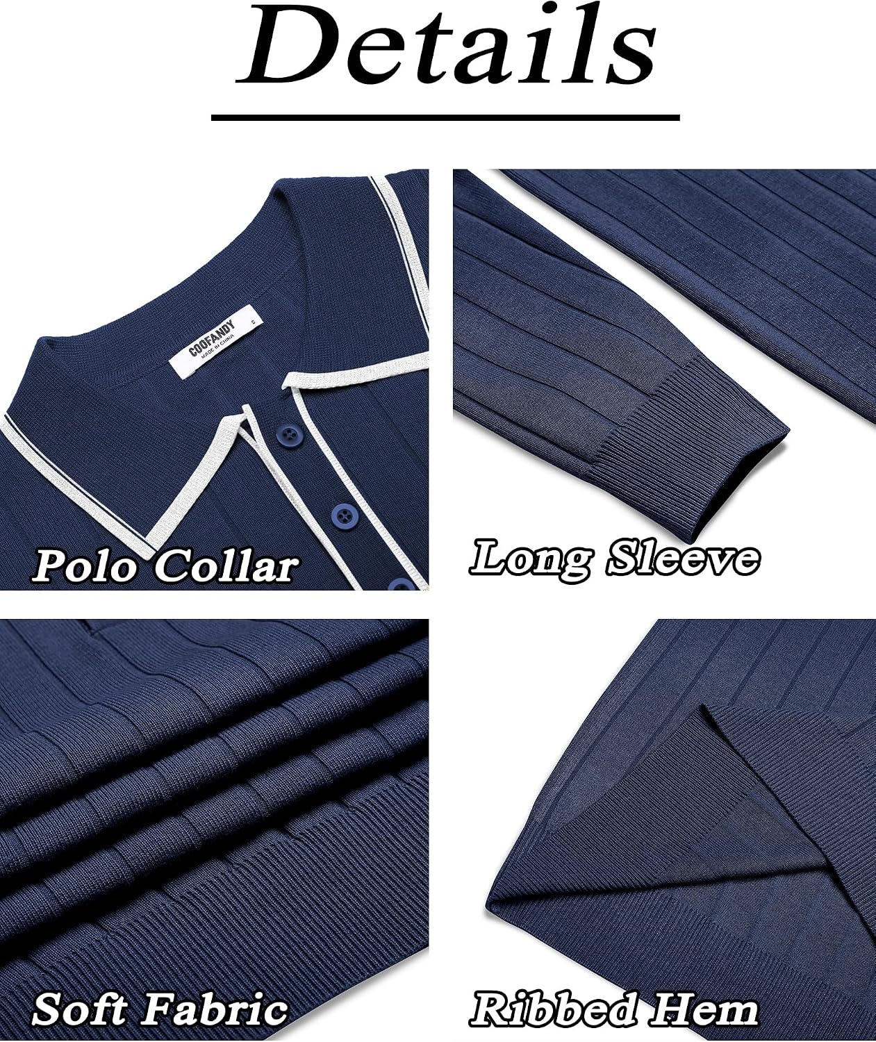 image:imageCOOFANDY Mens Knit Polo Shirts Long Sleeve Casual Dress Pullover Sweater 3 Button Polo Sweater Old Money Lightweight Cozy Daily and Social Outings Slim Fit S4XLNavy White