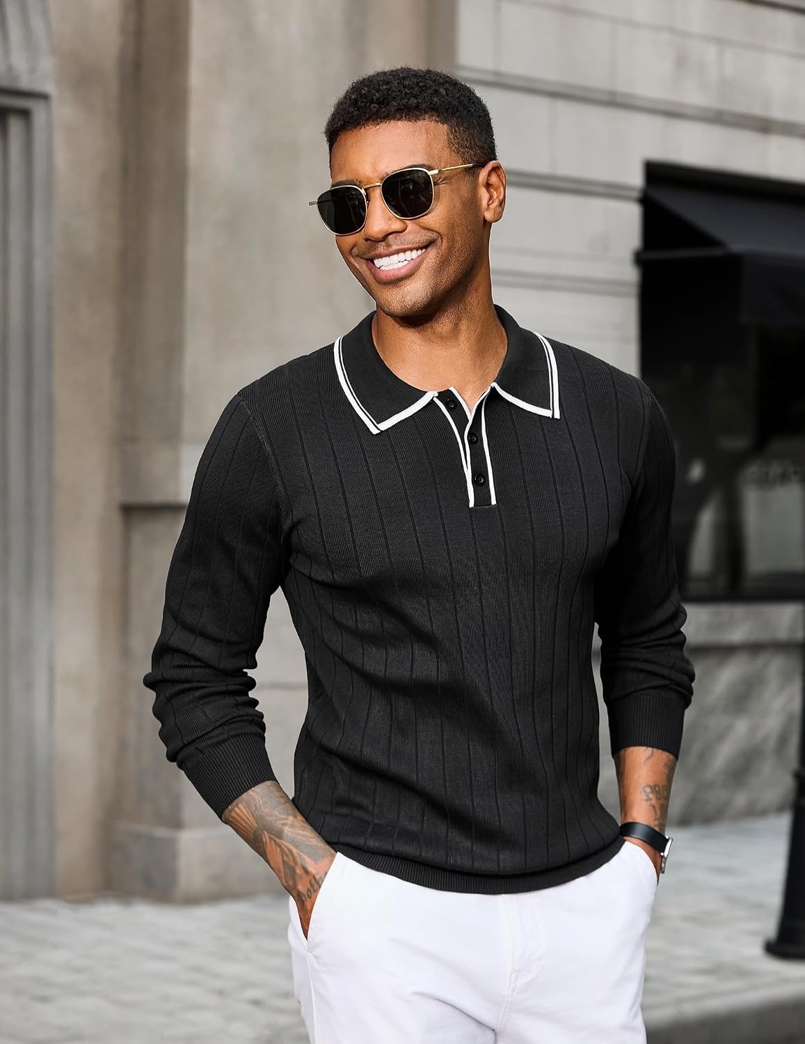 image:imageCOOFANDY Mens Knit Polo Shirts Long Sleeve Casual Dress Pullover Sweater 3 Button Polo Sweater Old Money Lightweight Cozy Daily and Social Outings Slim Fit S4XLBlack White