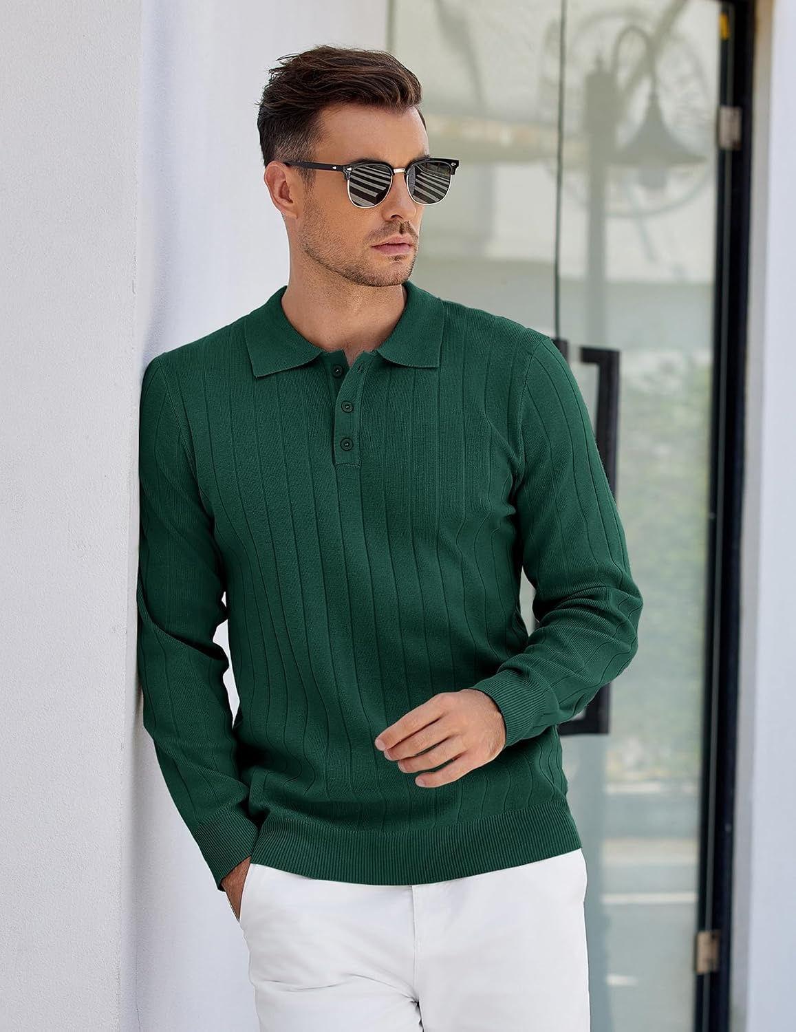 image:imageCOOFANDY Mens Knit Polo Shirts Long Sleeve Casual Dress Pullover Sweater 3 Button Polo Sweater Old Money Lightweight Cozy Daily and Social Outings Slim Fit S4XLDark Green