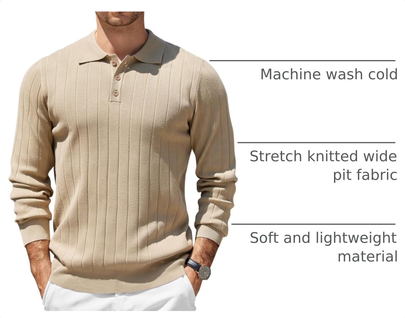 image:imageCOOFANDY Mens Knit Polo Shirts Long Sleeve Casual Dress Pullover Sweater 3 Button Polo Sweater Old Money Lightweight Cozy Daily and Social Outings Slim Fit S4XLKhaki