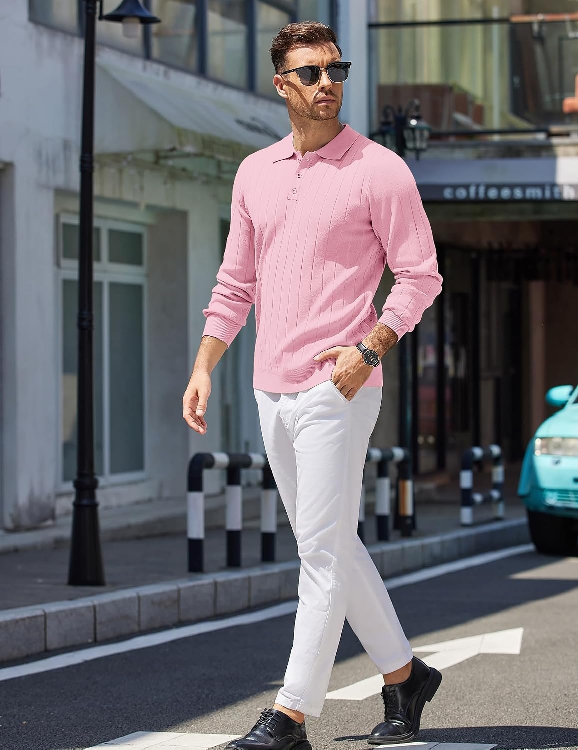 image:imageCOOFANDY Mens Knit Polo Shirts Long Sleeve Casual Dress Pullover Sweater 3 Button Polo Sweater Old Money Lightweight Cozy Daily and Social Outings Slim Fit S4XLPink