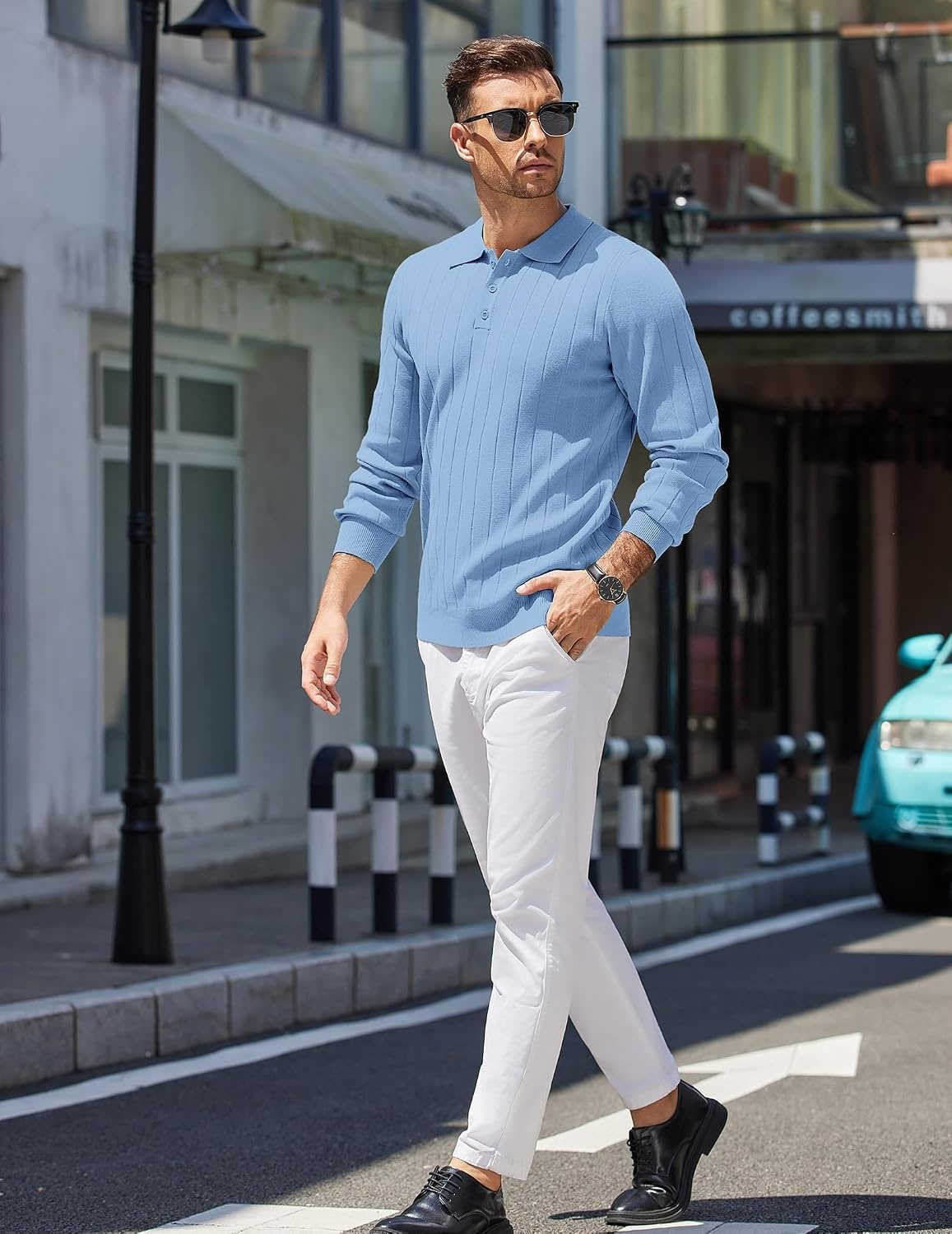 image:imageCOOFANDY Mens Knit Polo Shirts Long Sleeve Casual Dress Pullover Sweater 3 Button Polo Sweater Old Money Lightweight Cozy Daily and Social Outings Slim Fit S4XLLight Blue