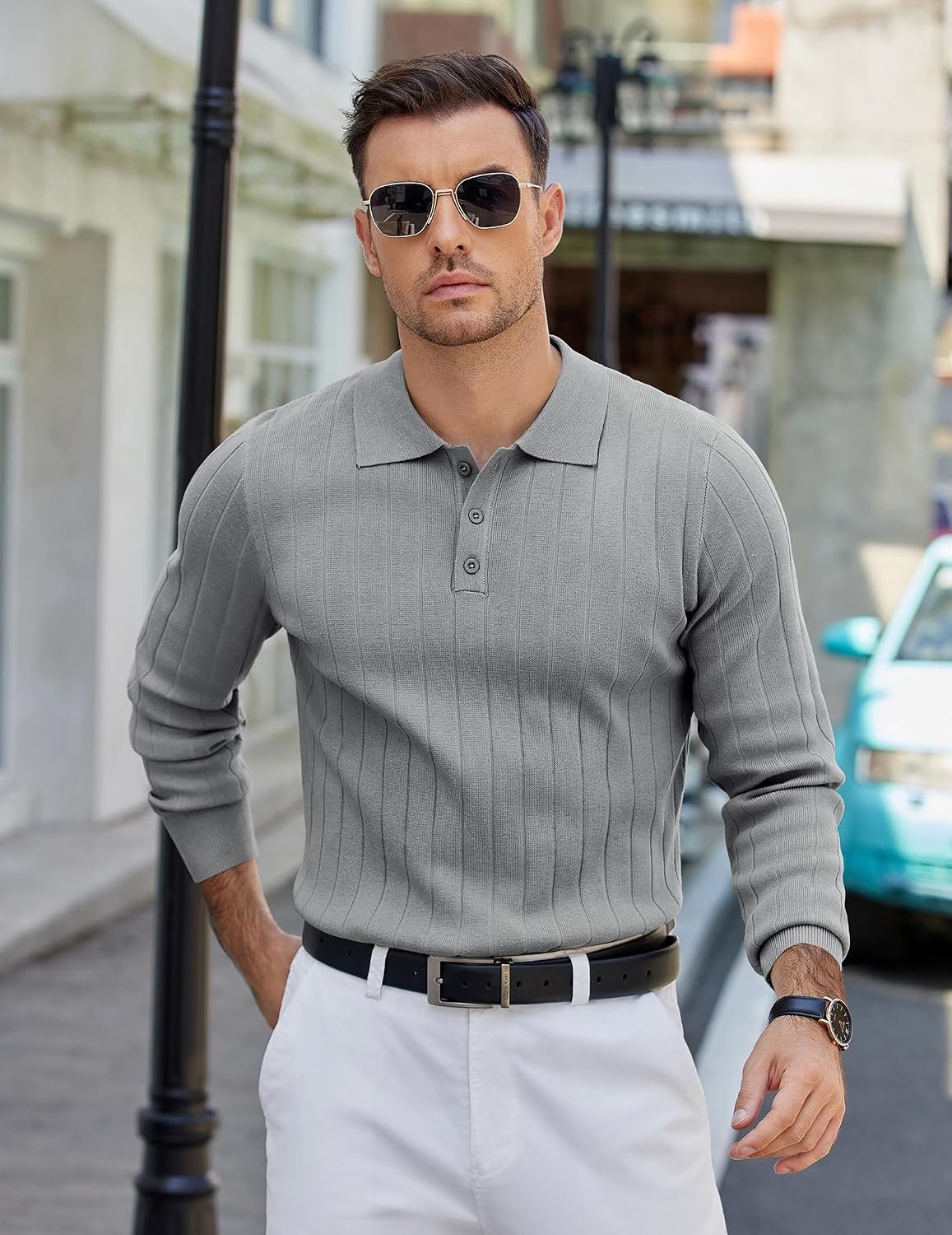 image:imageCOOFANDY Mens Knit Polo Shirts Long Sleeve Casual Dress Pullover Sweater 3 Button Polo Sweater Old Money Lightweight Cozy Daily and Social Outings Slim Fit S4XLLight Grey
