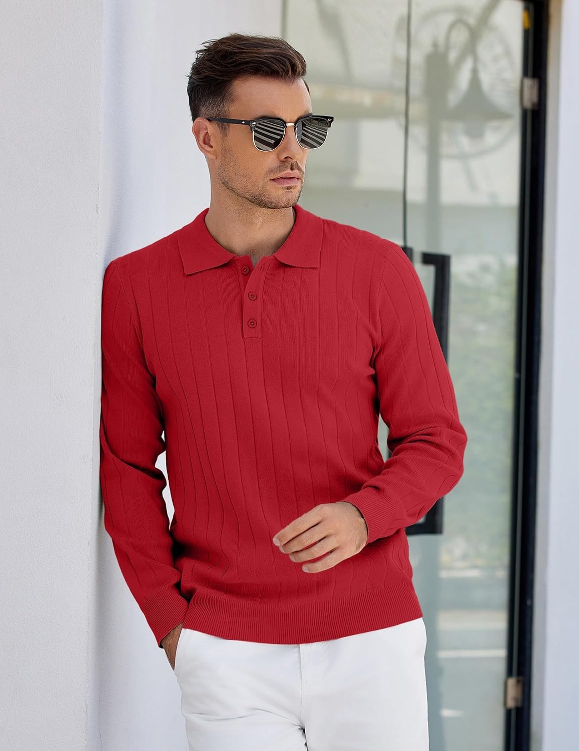 image:imageCOOFANDY Mens Knit Polo Shirts Long Sleeve Casual Dress Pullover Sweater 3 Button Polo Sweater Old Money Lightweight Cozy Daily and Social Outings Slim Fit S4XLRed