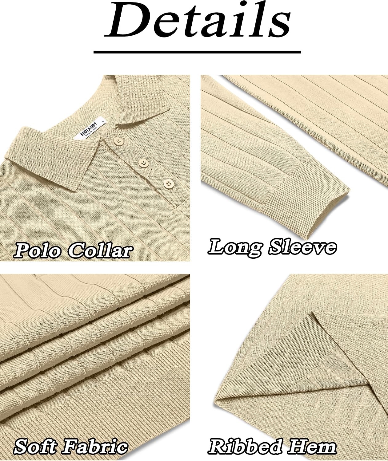 image:imageCOOFANDY Mens Knit Polo Shirts Long Sleeve Casual Dress Pullover Sweater 3 Button Polo Sweater Old Money Lightweight Cozy Daily and Social Outings Slim Fit S4XLChampagne