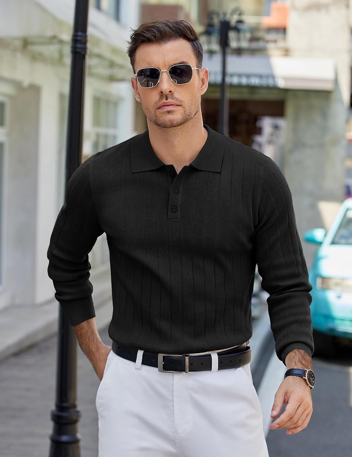 image:imageCOOFANDY Mens Knit Polo Shirts Long Sleeve Casual Dress Pullover Sweater 3 Button Polo Sweater Old Money Lightweight Cozy Daily and Social Outings Slim Fit S4XLBlack
