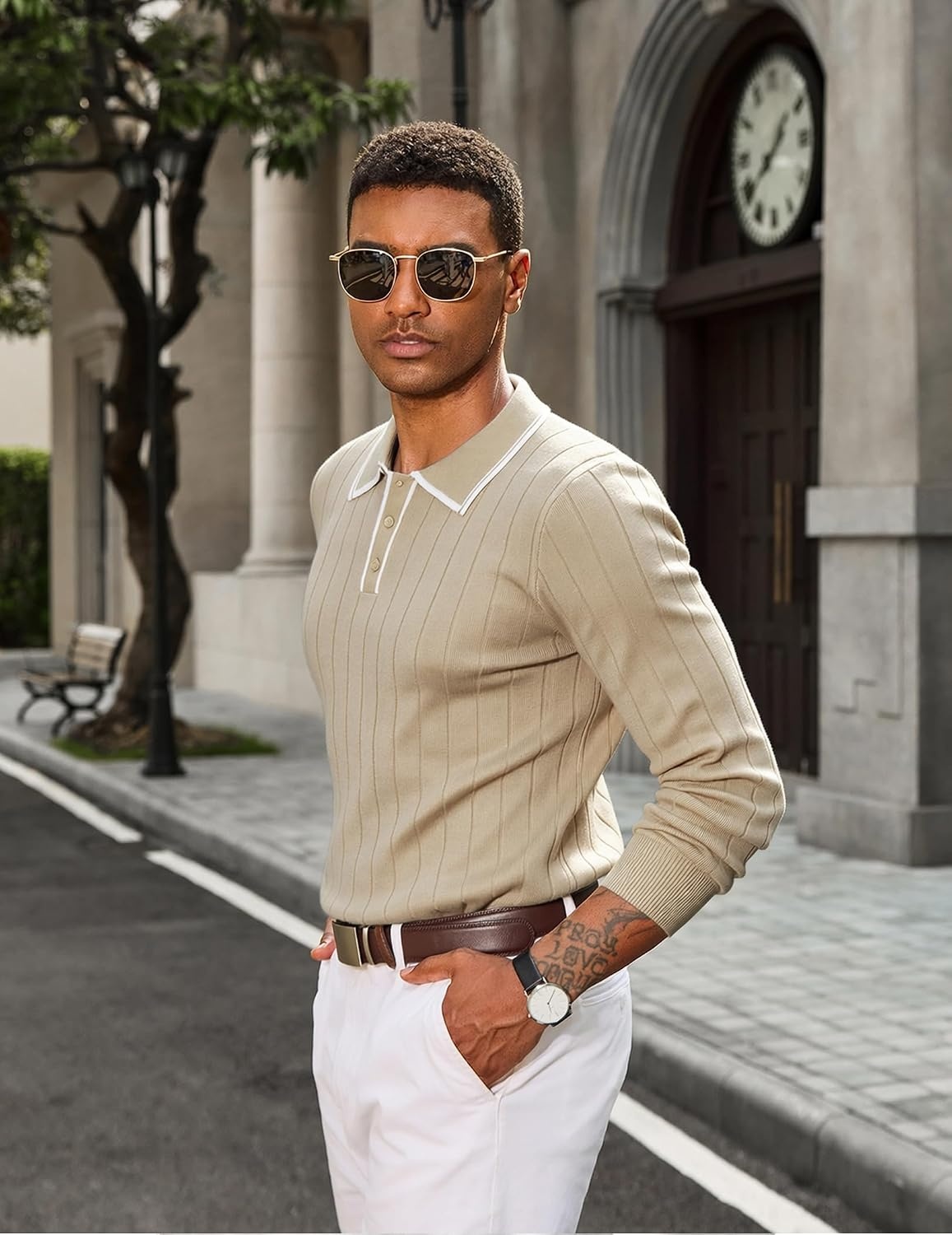 image:imageCOOFANDY Mens Knit Polo Shirts Long Sleeve Casual Dress Pullover Sweater 3 Button Polo Sweater Old Money Lightweight Cozy Daily and Social Outings Slim Fit S4XLKhaki White