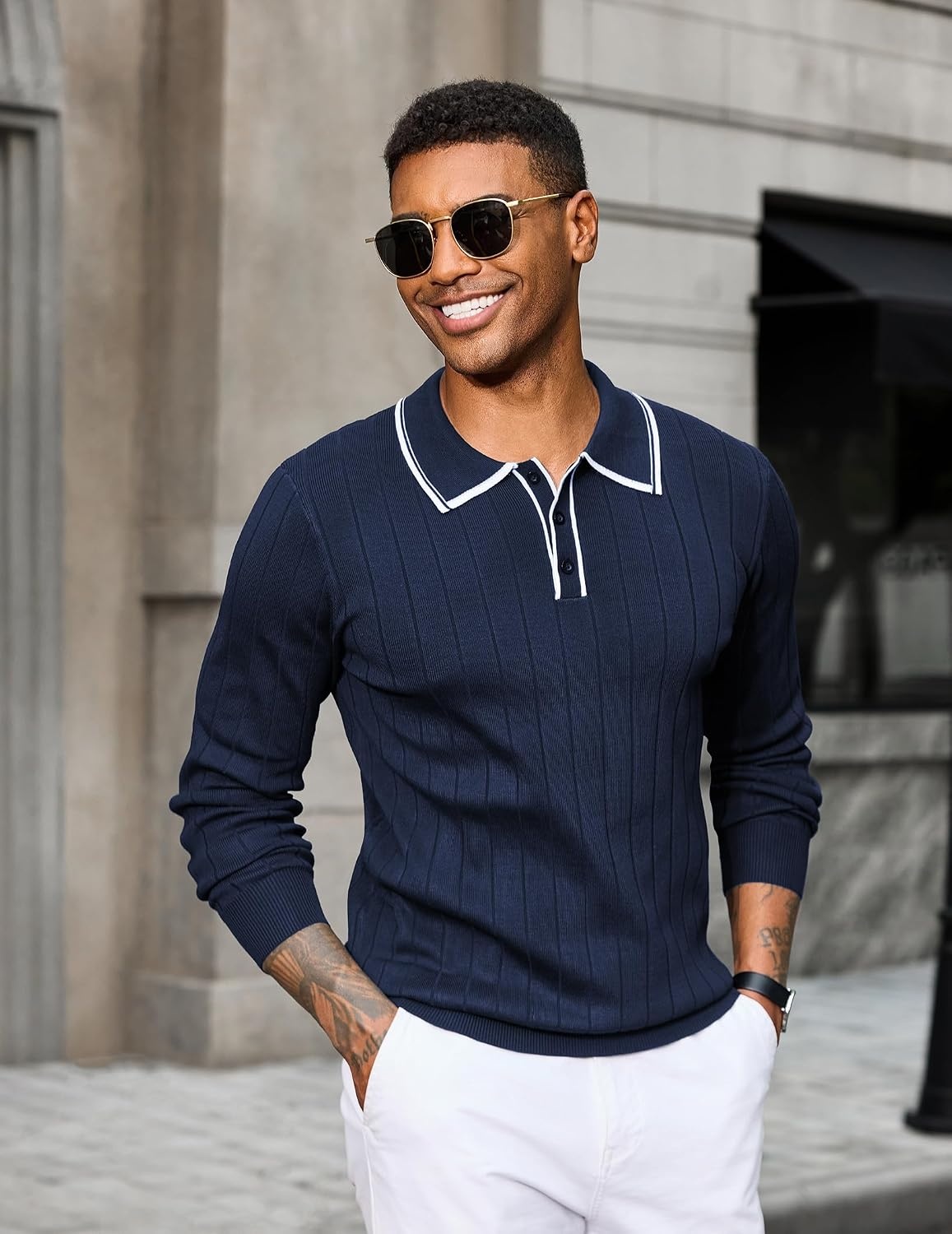 image:imageCOOFANDY Mens Knit Polo Shirts Long Sleeve Casual Dress Pullover Sweater 3 Button Polo Sweater Old Money Lightweight Cozy Daily and Social Outings Slim Fit S4XLNavy White