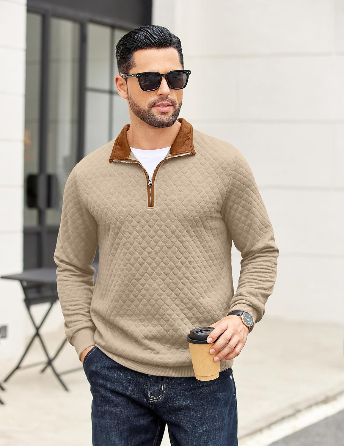 image:imageCOOFANDY Mens Quarter Zip Pullover Casual Mock Neck Quilted Sweatshirt 2026 Smooth metal zipper sweater warm without bulk long sleeve regular fit fall winterKhaki 01