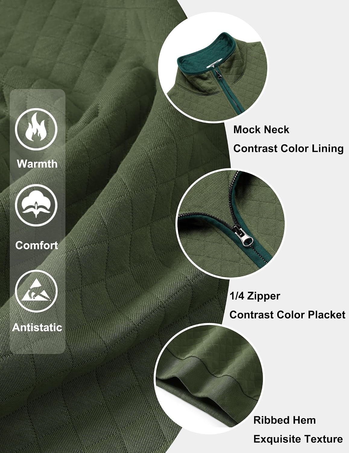 image:imageCOOFANDY Mens Quarter Zip Pullover Casual Mock Neck Quilted Sweatshirt 2026 Smooth metal zipper sweater warm without bulk long sleeve regular fit fall winterArmy Green