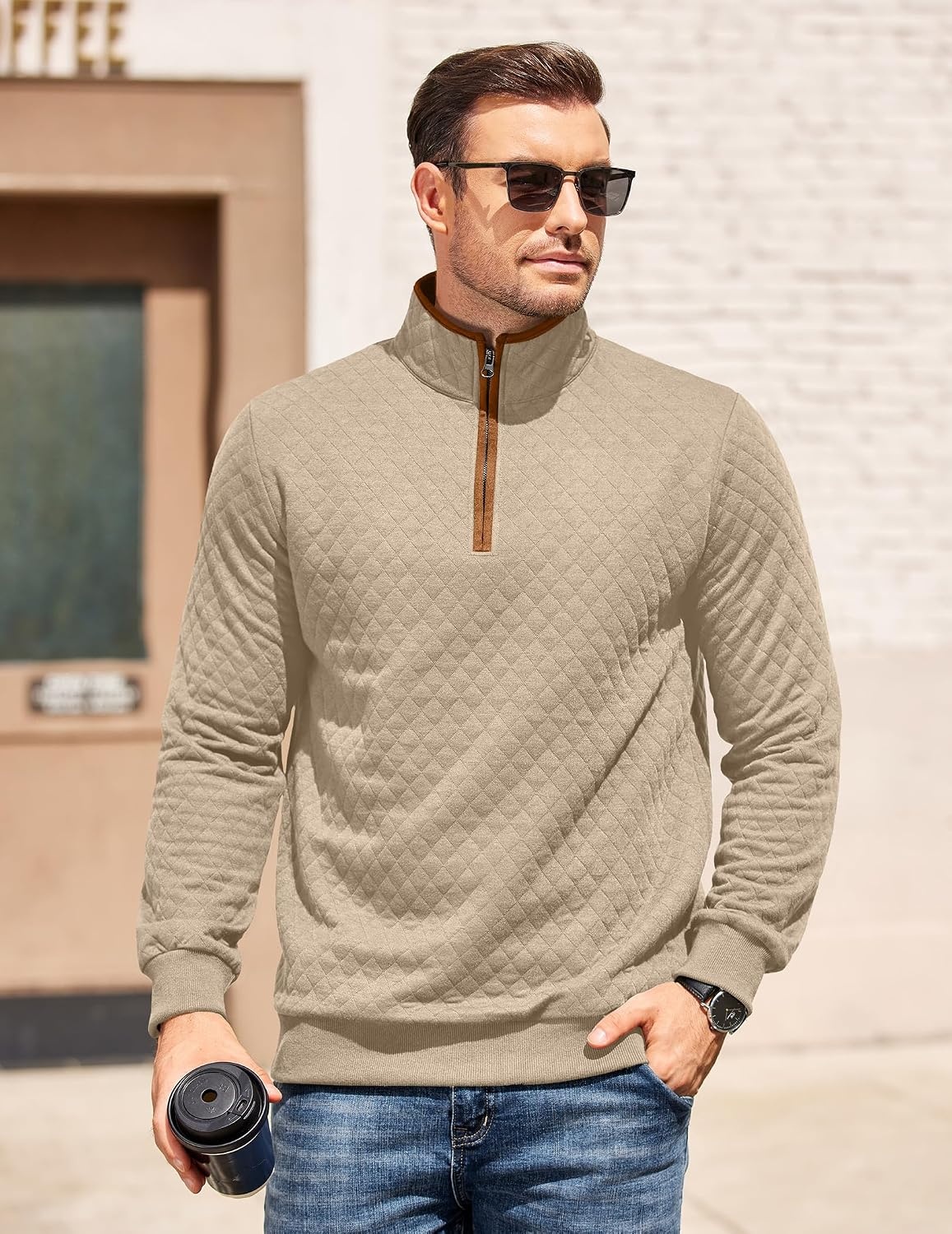 image:imageCOOFANDY Mens Quarter Zip Pullover Casual Mock Neck Quilted Sweatshirt 2026 Smooth metal zipper sweater warm without bulk long sleeve regular fit fall winterKhaki 01
