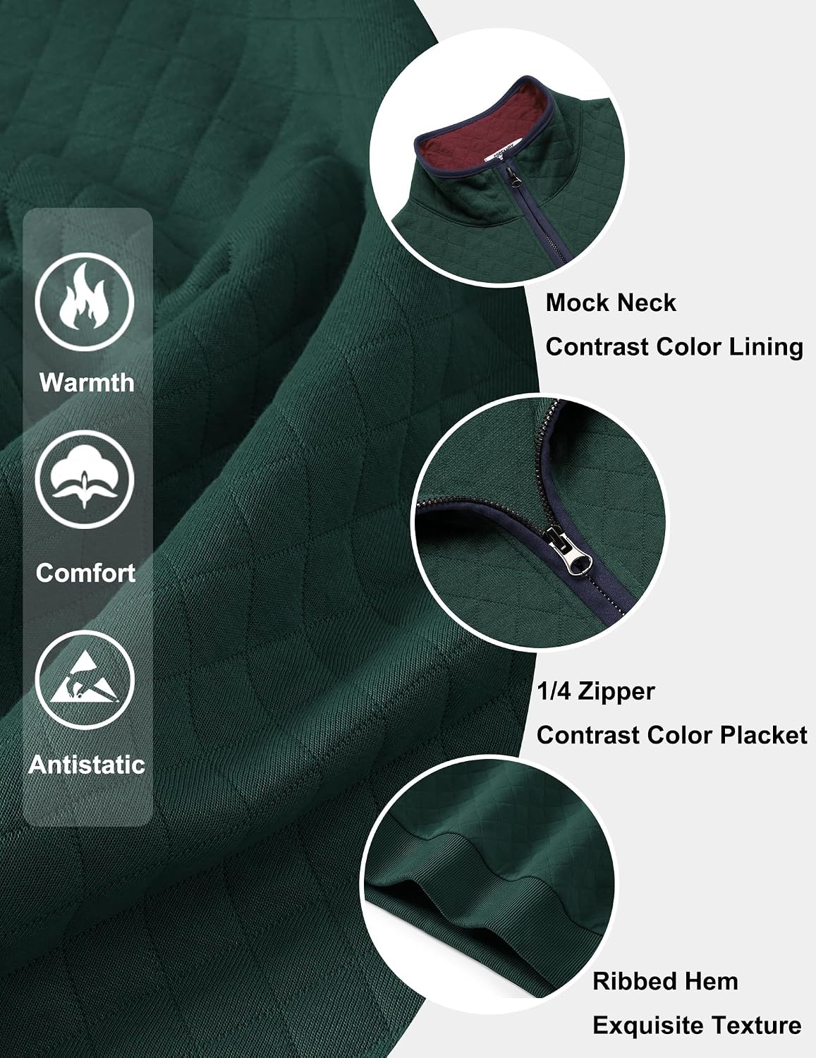 image:imageCOOFANDY Mens Quarter Zip Pullover Casual Mock Neck Quilted Sweatshirt 2026 Smooth metal zipper sweater warm without bulk long sleeve regular fit fall winterDeep Green