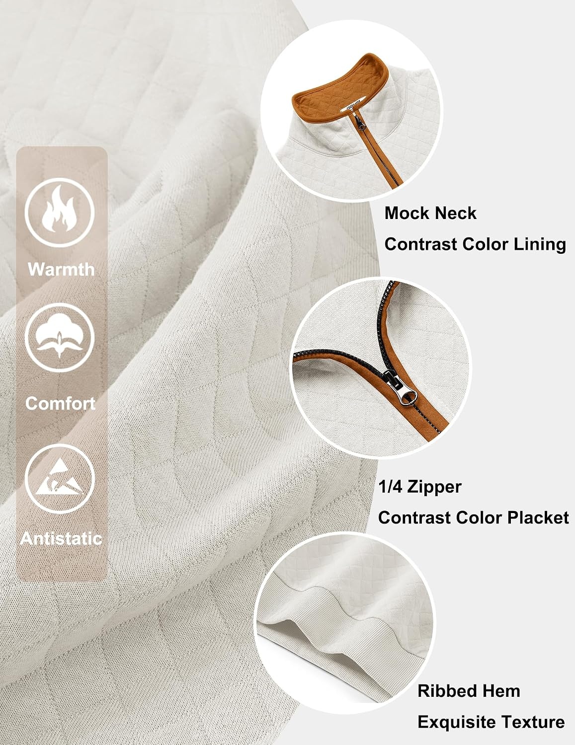 image:imageCOOFANDY Mens Quarter Zip Pullover Casual Mock Neck Quilted Sweatshirt 2026 Smooth metal zipper sweater warm without bulk long sleeve regular fit fall winterWhite