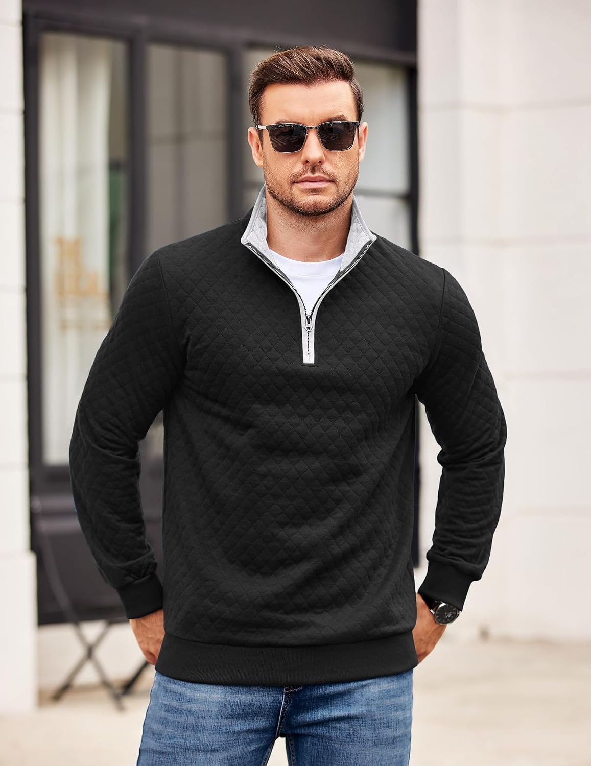 image:imageCOOFANDY Mens Quarter Zip Pullover Casual Mock Neck Quilted Sweatshirt 2026 Smooth metal zipper sweater warm without bulk long sleeve regular fit fall winterBlack 02