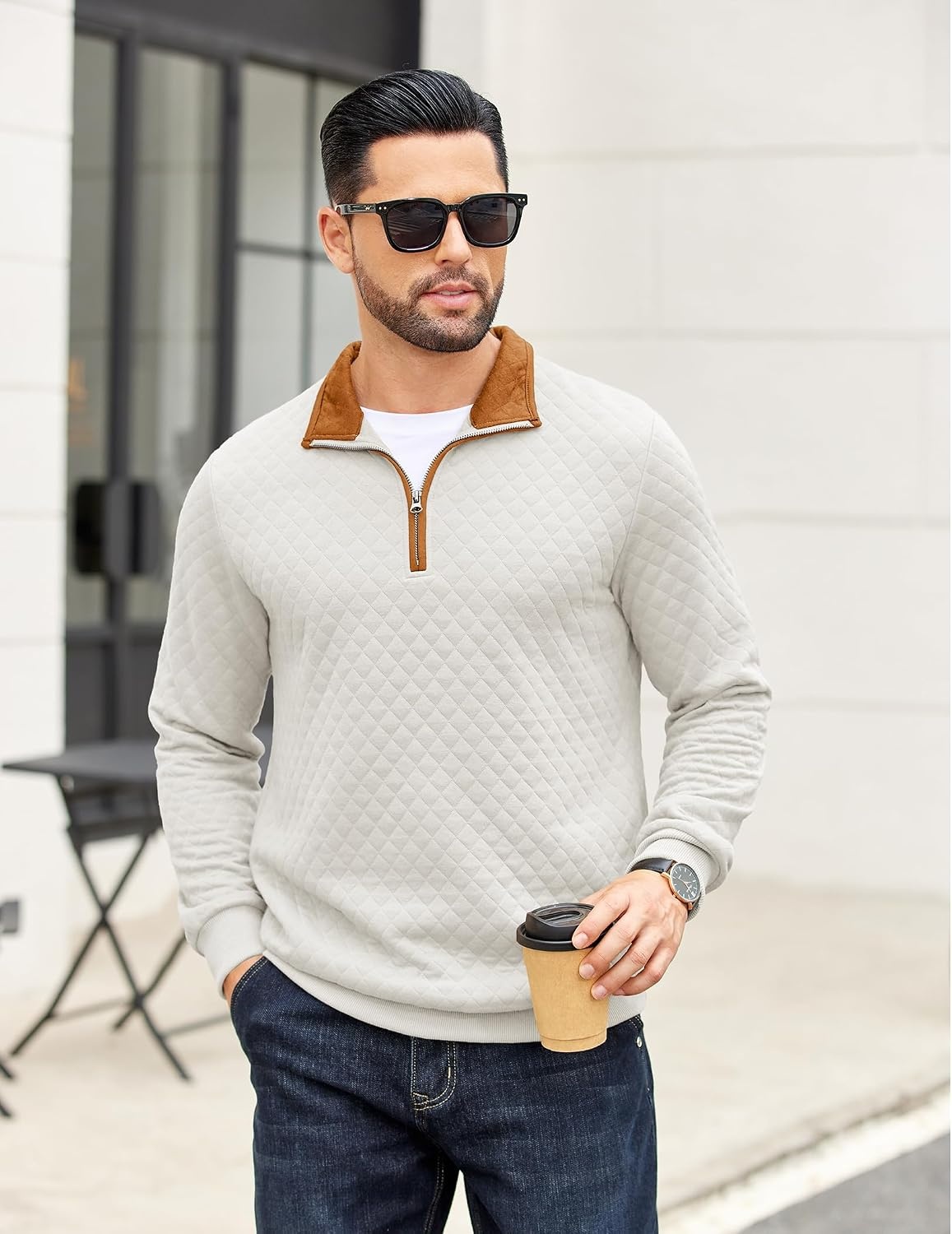 image:imageCOOFANDY Mens Quarter Zip Pullover Casual Mock Neck Quilted Sweatshirt 2026 Smooth metal zipper sweater warm without bulk long sleeve regular fit fall winterWhite