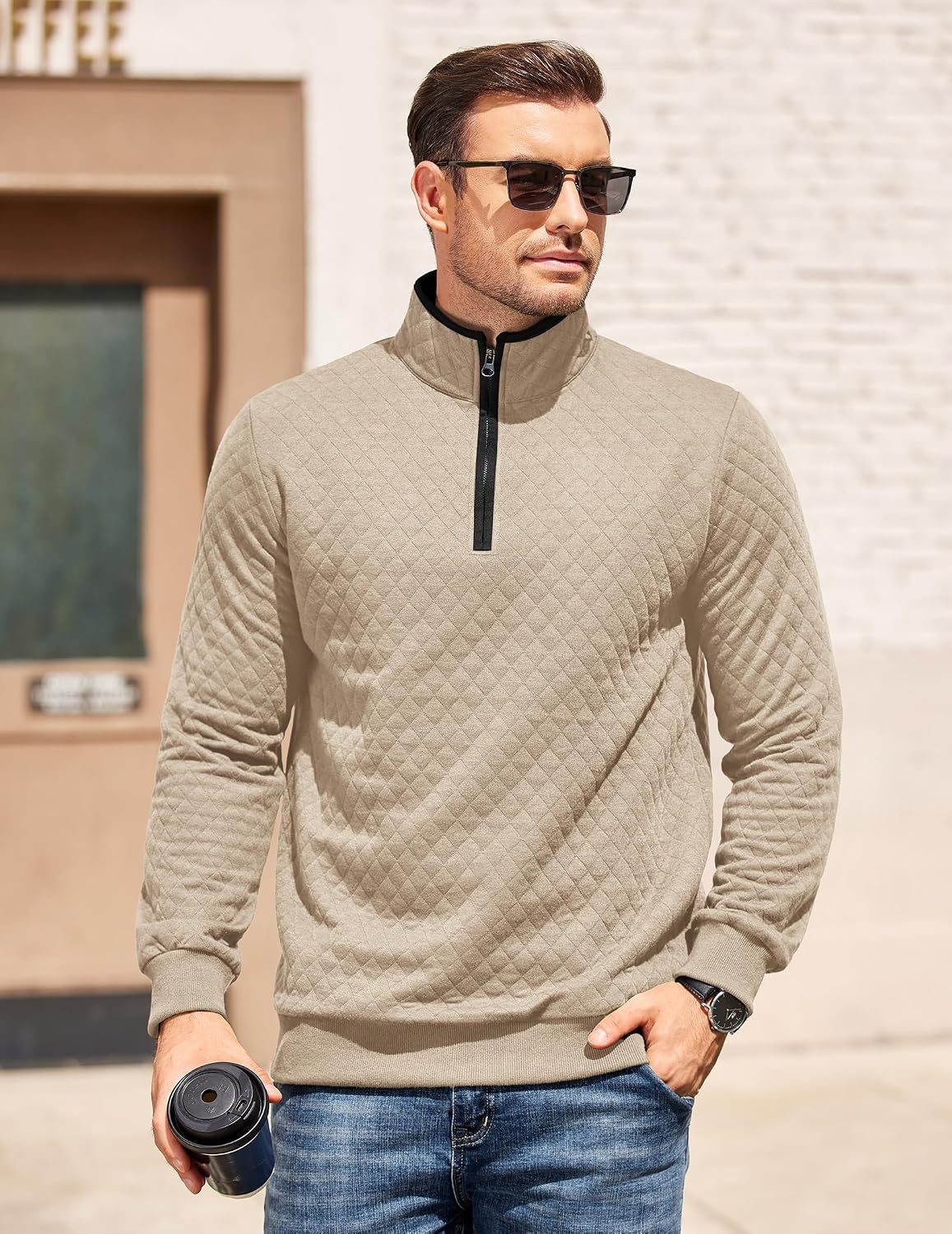 image:imageCOOFANDY Mens Quarter Zip Pullover Casual Mock Neck Quilted Sweatshirt 2026 Smooth metal zipper sweater warm without bulk long sleeve regular fit fall winterKhaki