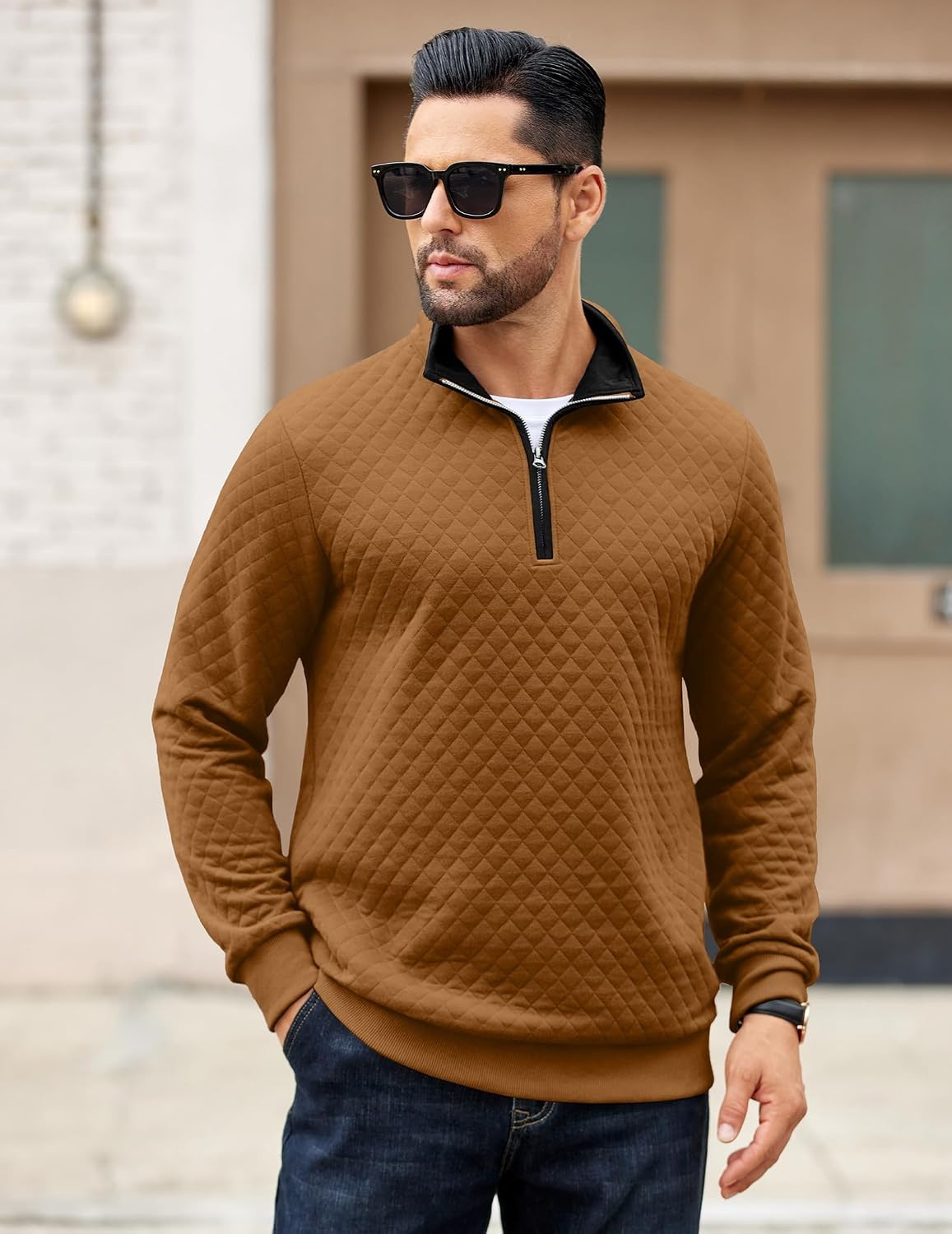 image:imageCOOFANDY Mens Quarter Zip Pullover Casual Mock Neck Quilted Sweatshirt 2026 Smooth metal zipper sweater warm without bulk long sleeve regular fit fall winterBrown