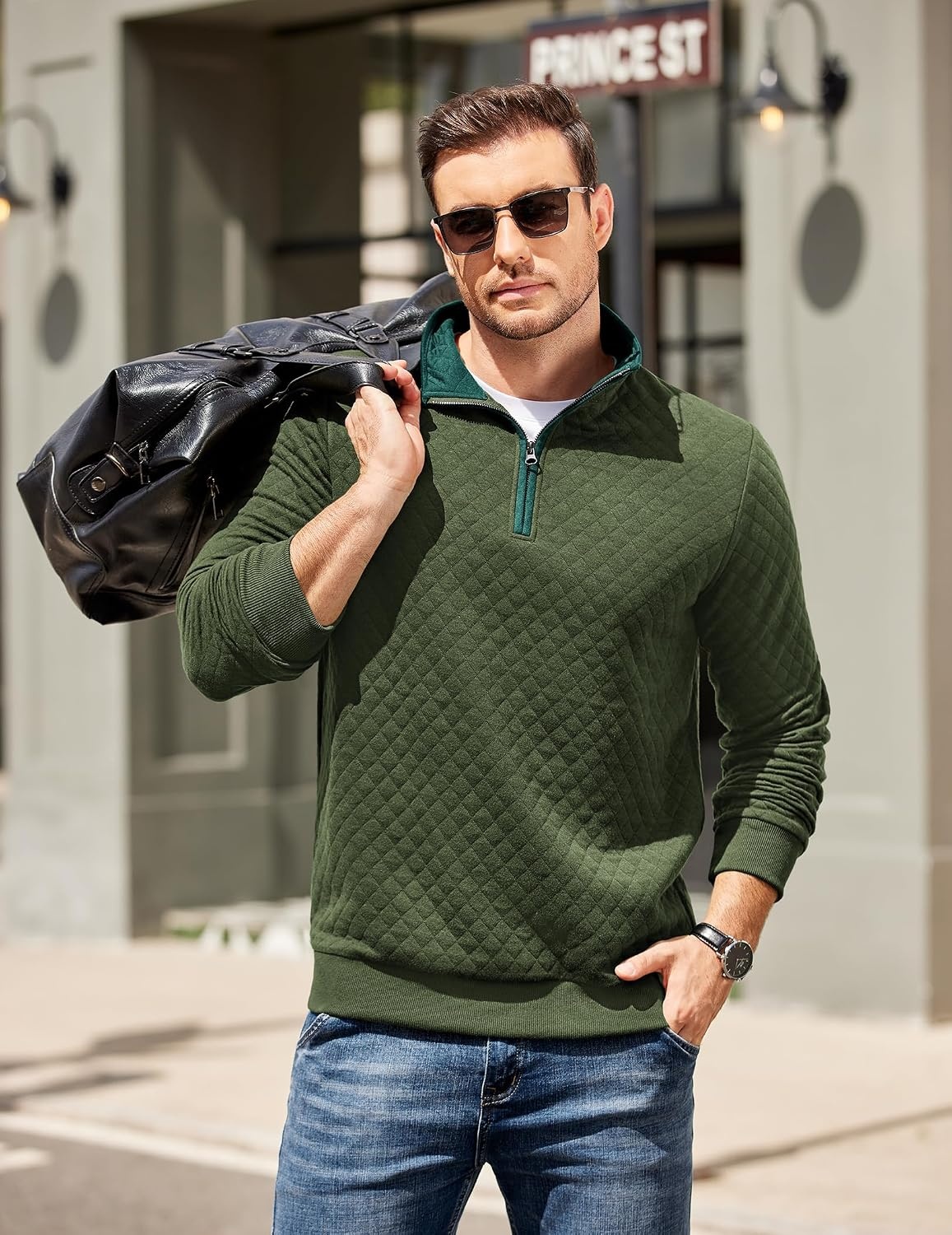image:imageCOOFANDY Mens Quarter Zip Pullover Casual Mock Neck Quilted Sweatshirt 2026 Smooth metal zipper sweater warm without bulk long sleeve regular fit fall winterArmy Green