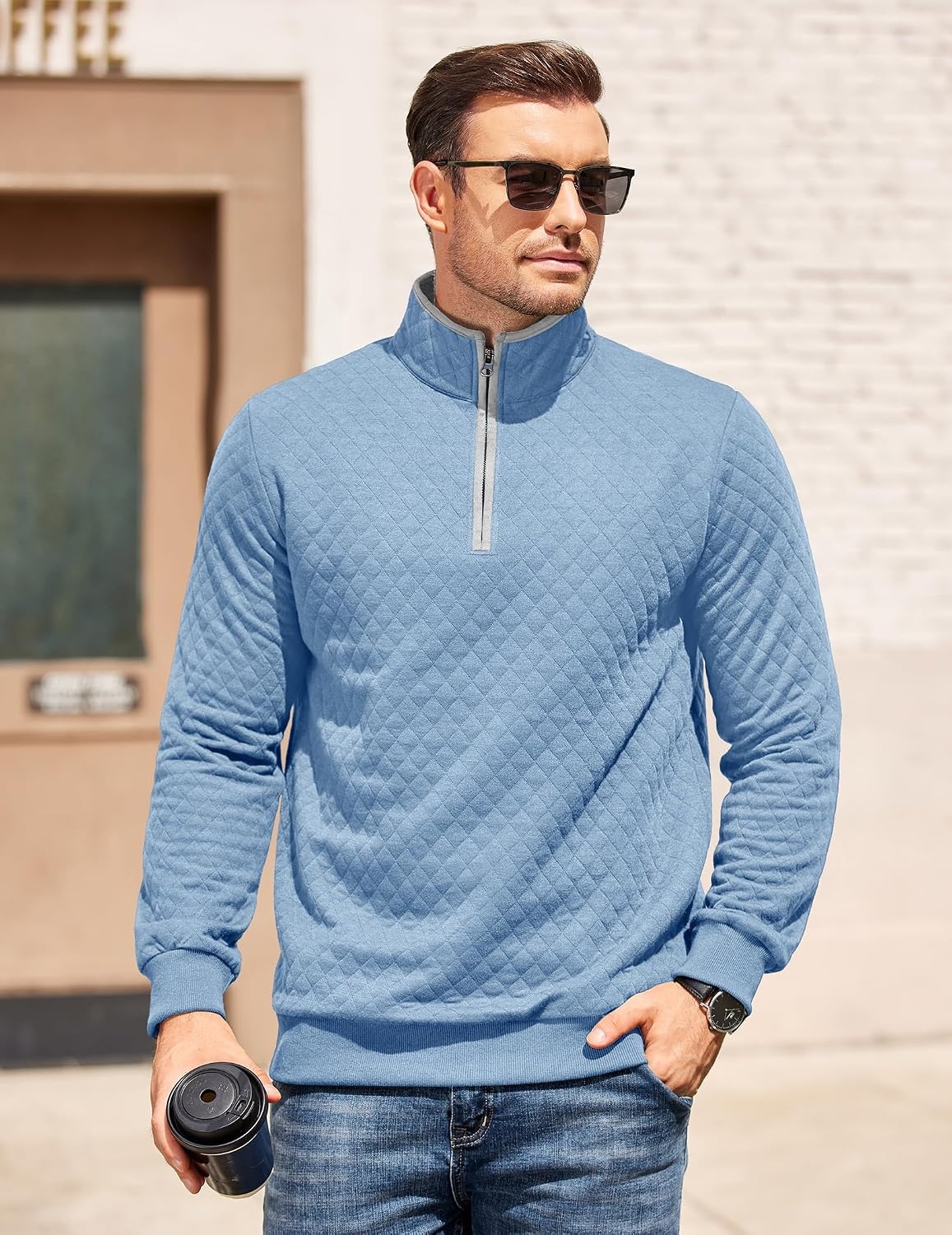 image:imageCOOFANDY Mens Quarter Zip Pullover Casual Mock Neck Quilted Sweatshirt 2026 Smooth metal zipper sweater warm without bulk long sleeve regular fit fall winterLight Blue