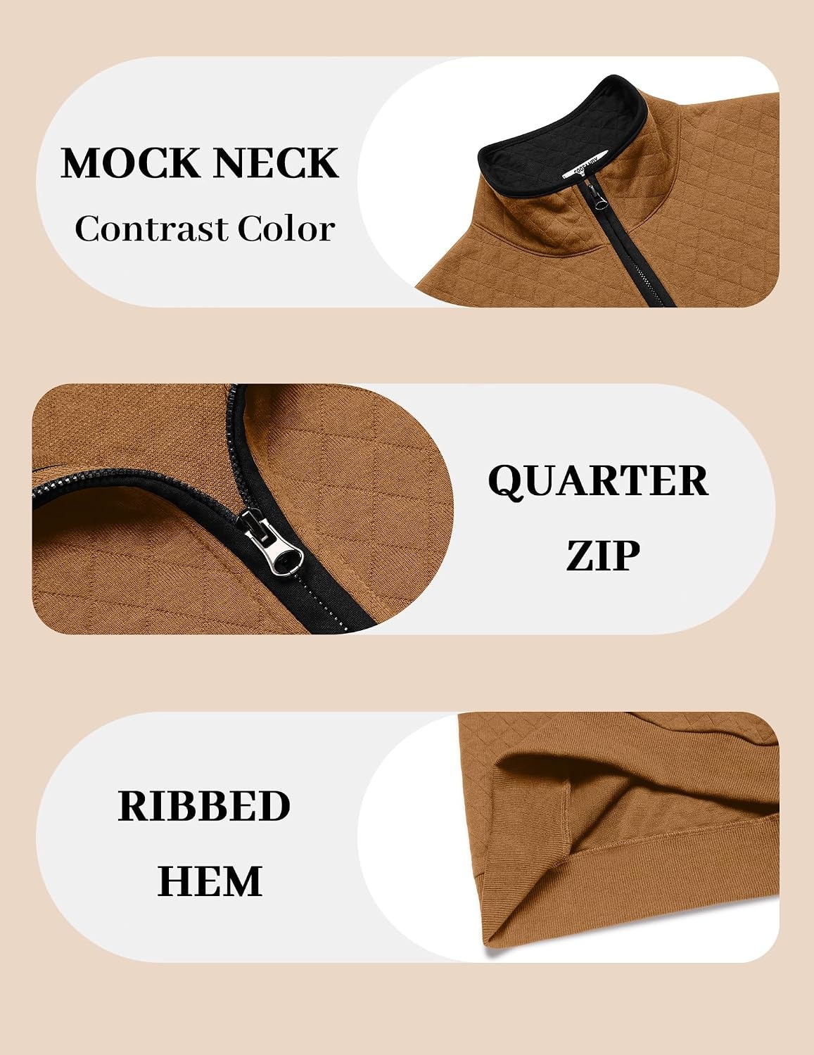 image:imageCOOFANDY Mens Quarter Zip Pullover Casual Mock Neck Quilted Sweatshirt 2026 Smooth metal zipper sweater warm without bulk long sleeve regular fit fall winterBrown