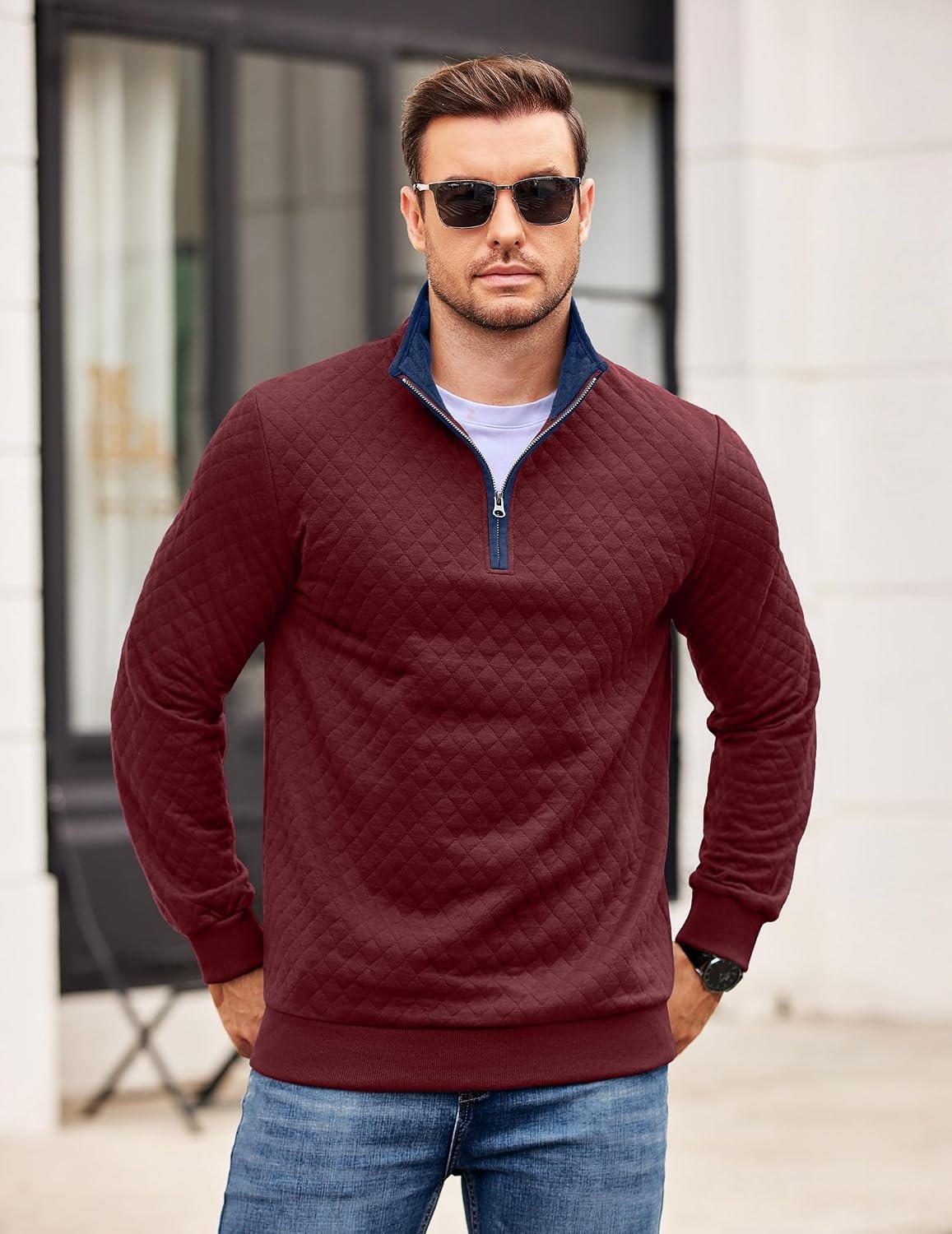 image:imageCOOFANDY Mens Quarter Zip Pullover Casual Mock Neck Quilted Sweatshirt 2026 Smooth metal zipper sweater warm without bulk long sleeve regular fit fall winterWine Red