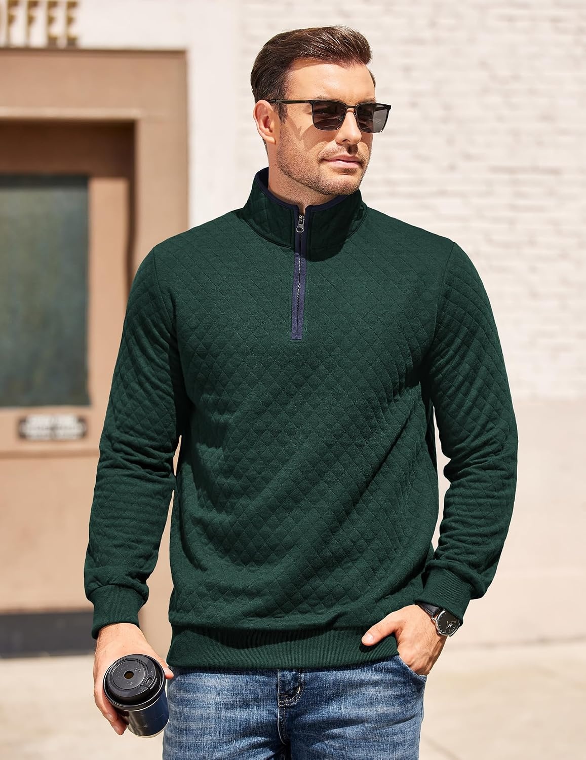 image:imageCOOFANDY Mens Quarter Zip Pullover Casual Mock Neck Quilted Sweatshirt 2026 Smooth metal zipper sweater warm without bulk long sleeve regular fit fall winterDeep Green