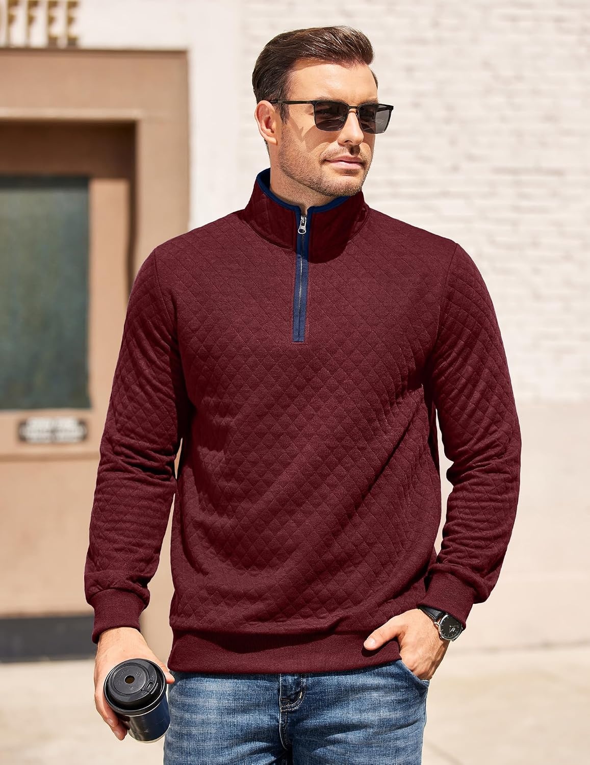 image:imageCOOFANDY Mens Quarter Zip Pullover Casual Mock Neck Quilted Sweatshirt 2026 Smooth metal zipper sweater warm without bulk long sleeve regular fit fall winterWine Red
