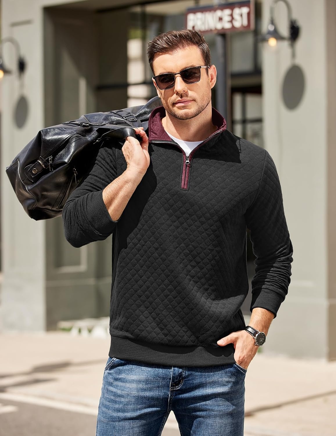 image:imageCOOFANDY Mens Quarter Zip Pullover Casual Mock Neck Quilted Sweatshirt 2026 Smooth metal zipper sweater warm without bulk long sleeve regular fit fall winterBlack
