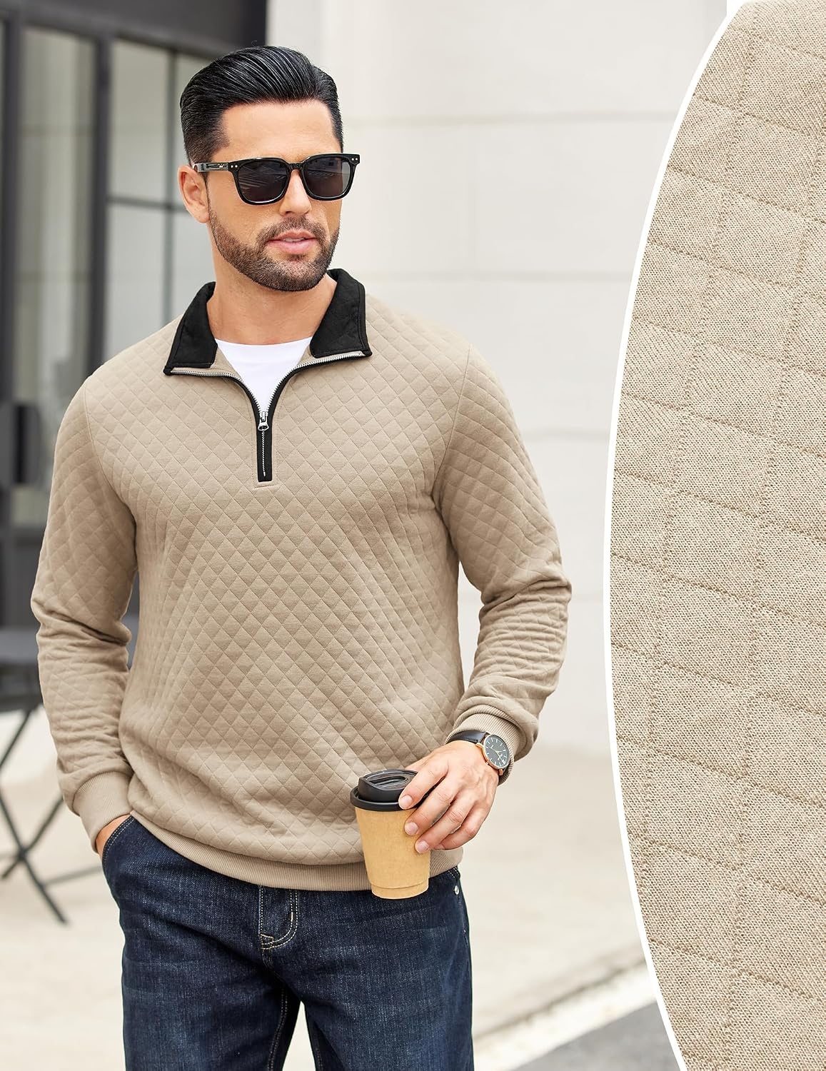 image:imageCOOFANDY Mens Quarter Zip Pullover Casual Mock Neck Quilted Sweatshirt 2026 Smooth metal zipper sweater warm without bulk long sleeve regular fit fall winterKhaki