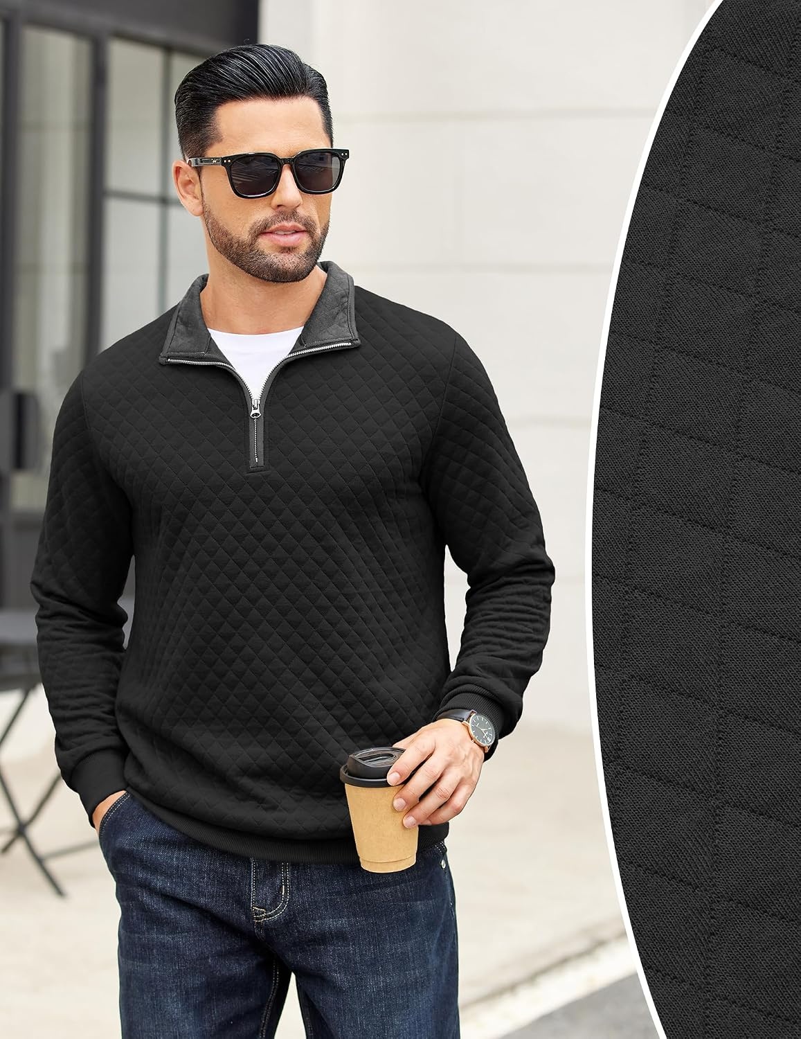 image:imageCOOFANDY Mens Quarter Zip Pullover Casual Mock Neck Quilted Sweatshirt 2026 Smooth metal zipper sweater warm without bulk long sleeve regular fit fall winterBlack 01