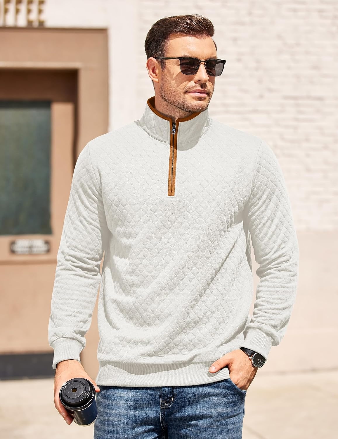 image:imageCOOFANDY Mens Quarter Zip Pullover Casual Mock Neck Quilted Sweatshirt 2026 Smooth metal zipper sweater warm without bulk long sleeve regular fit fall winterWhite