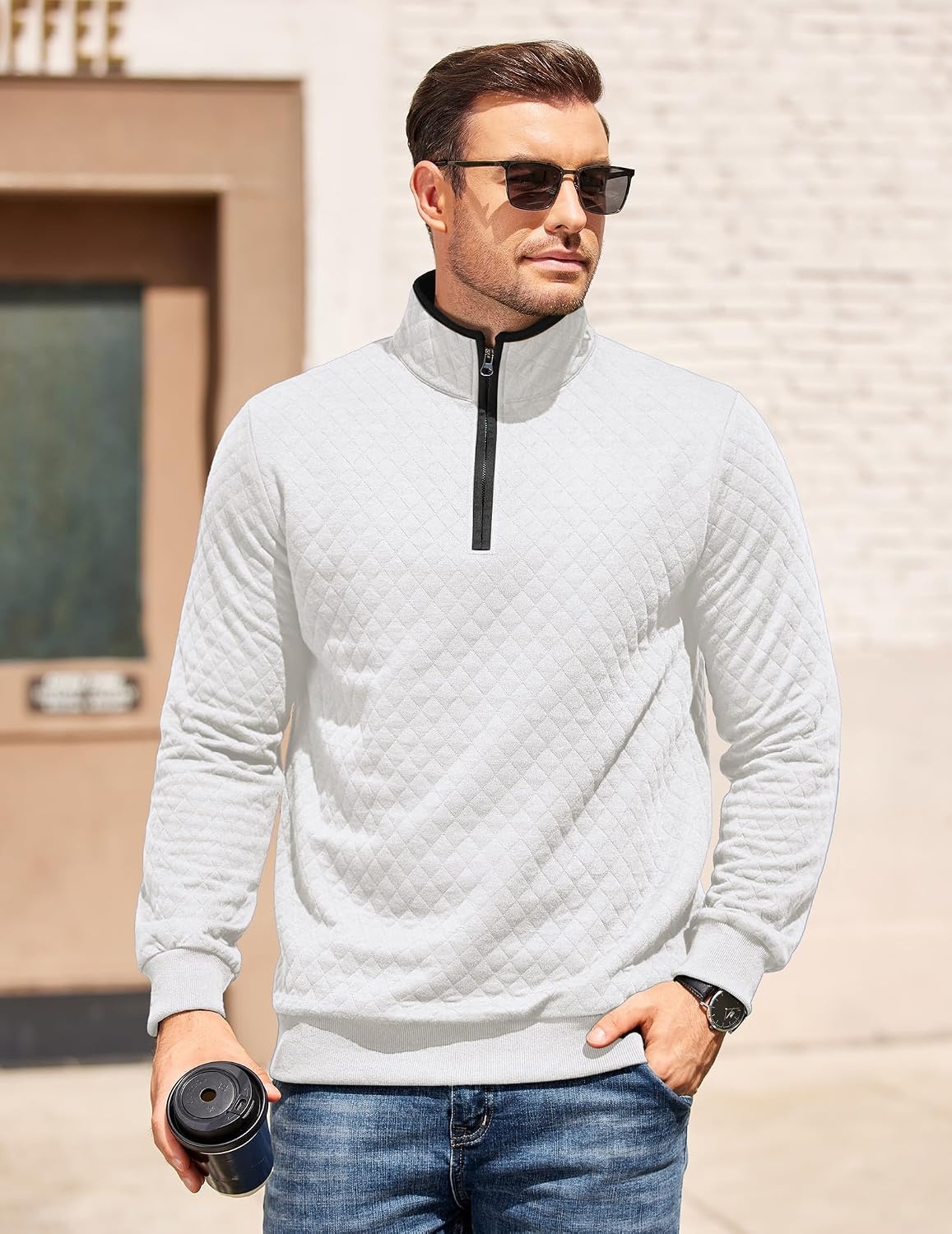image:imageCOOFANDY Mens Quarter Zip Pullover Casual Mock Neck Quilted Sweatshirt 2026 Smooth metal zipper sweater warm without bulk long sleeve regular fit fall winterWhite 01