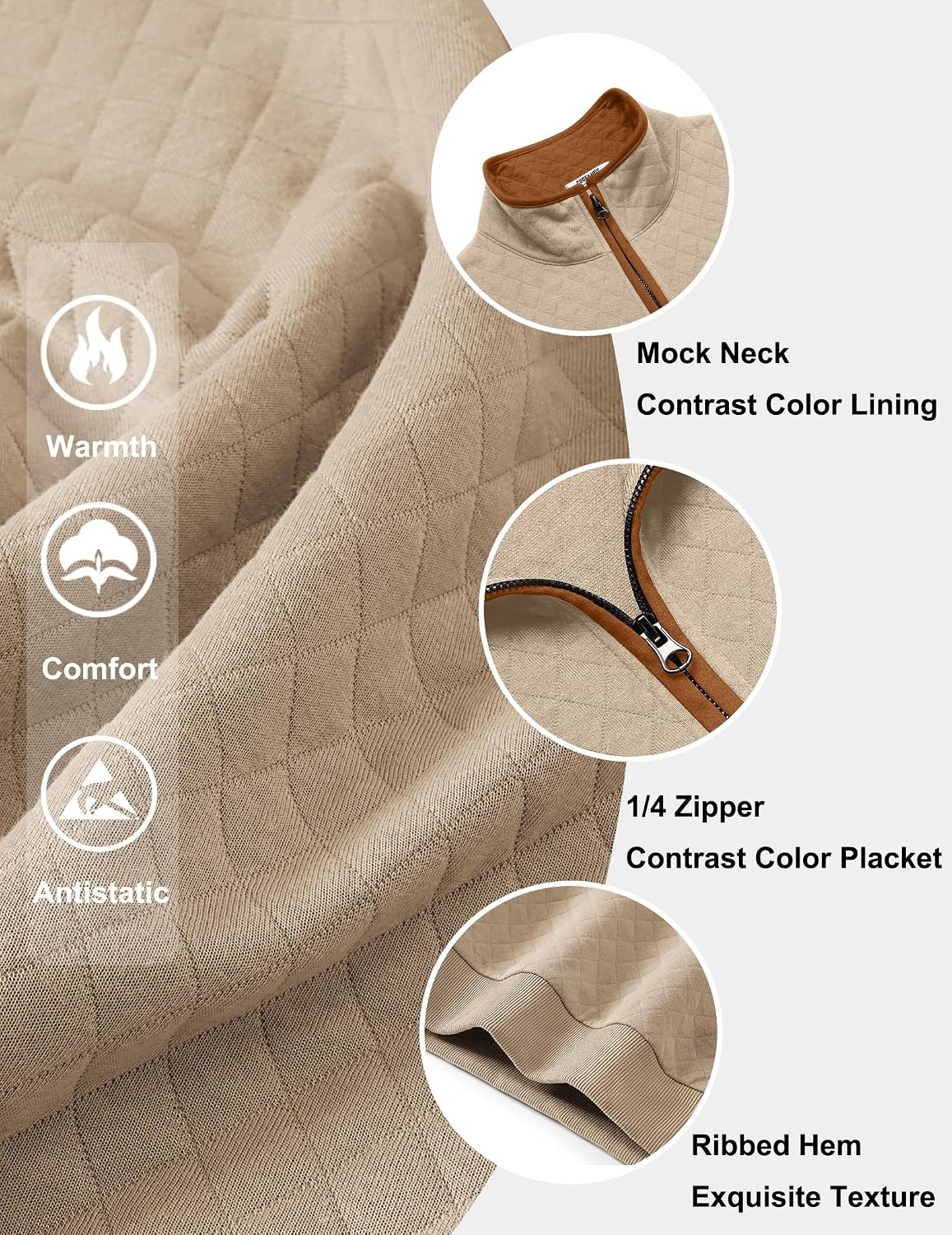 image:imageCOOFANDY Mens Quarter Zip Pullover Casual Mock Neck Quilted Sweatshirt 2026 Smooth metal zipper sweater warm without bulk long sleeve regular fit fall winterKhaki 01