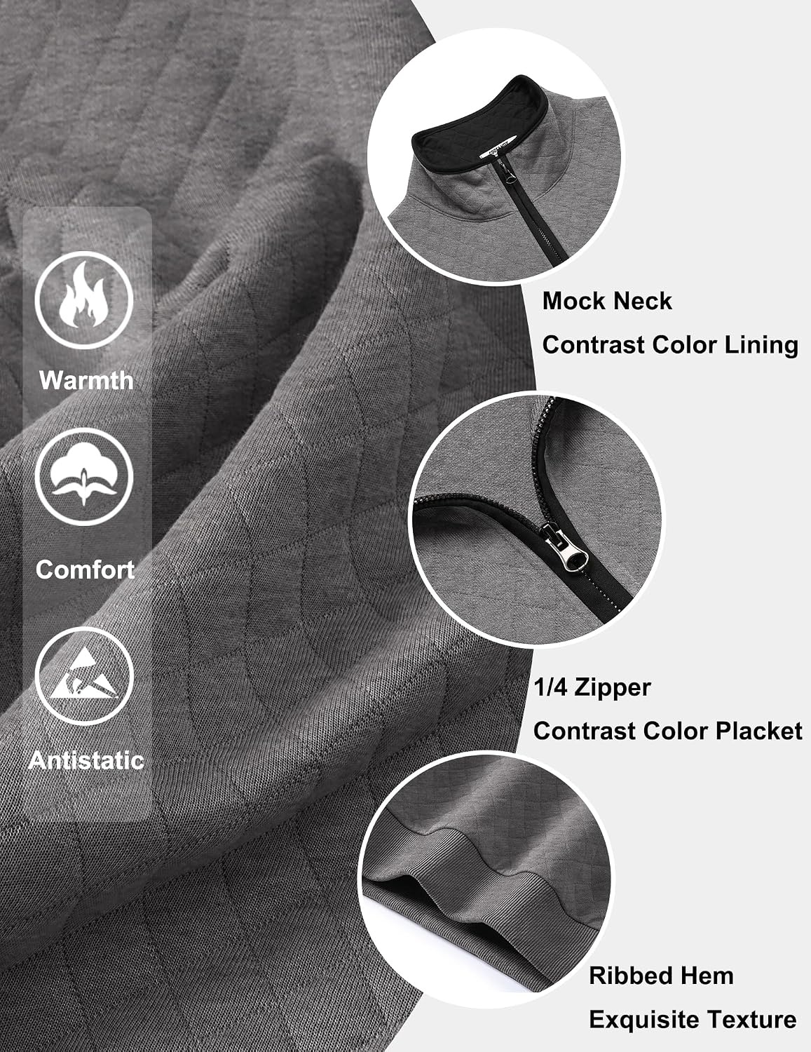 image:imageCOOFANDY Mens Quarter Zip Pullover Casual Mock Neck Quilted Sweatshirt 2026 Smooth metal zipper sweater warm without bulk long sleeve regular fit fall winterDark Grey