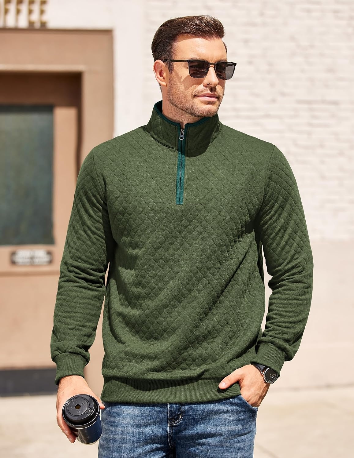 image:imageCOOFANDY Mens Quarter Zip Pullover Casual Mock Neck Quilted Sweatshirt 2026 Smooth metal zipper sweater warm without bulk long sleeve regular fit fall winterArmy Green