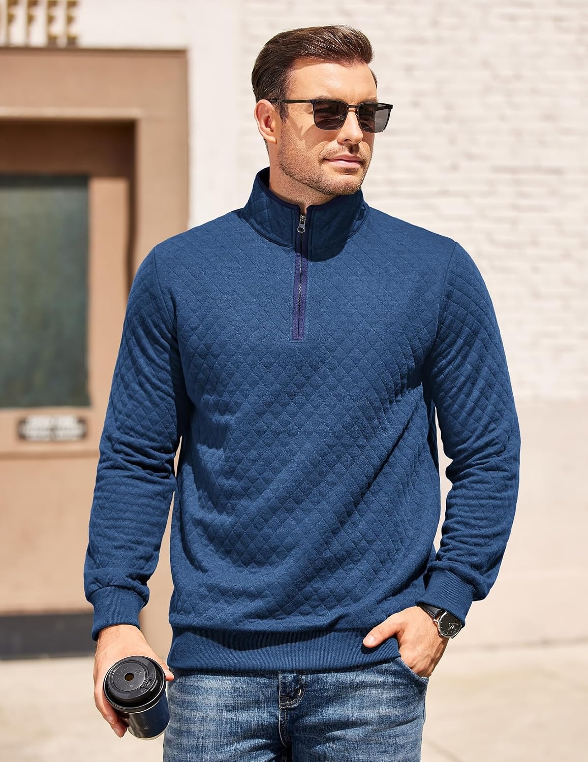 image:imageCOOFANDY Mens Quarter Zip Pullover Casual Mock Neck Quilted Sweatshirt 2026 Smooth metal zipper sweater warm without bulk long sleeve regular fit fall winterBlue