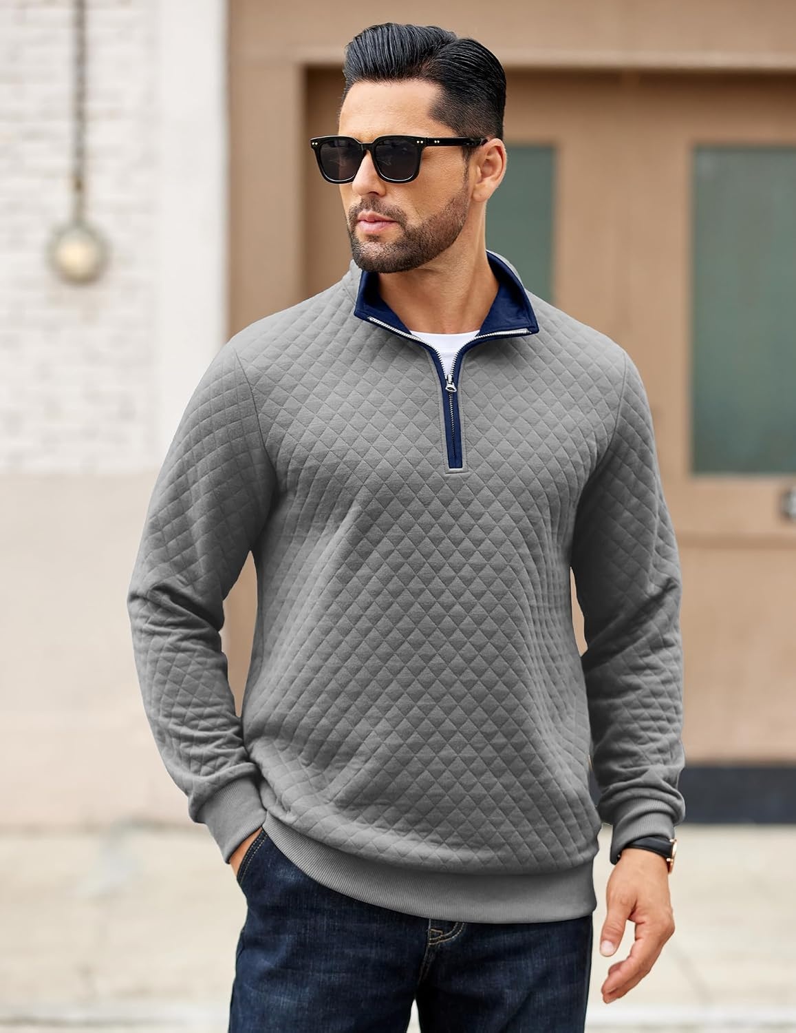 image:imageCOOFANDY Mens Quarter Zip Pullover Casual Mock Neck Quilted Sweatshirt 2026 Smooth metal zipper sweater warm without bulk long sleeve regular fit fall winterLight Gray